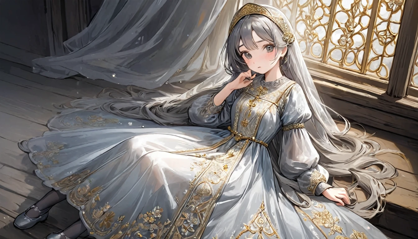 girl, Gold and silver embroidery, White-gray pearl medieval long dress（With panniers）, Translucent fabric, Pull up the dress by hand, Strong winds, Translucent slip, Grey translucent tights, Peeking from below, Highest quality, Disorder of clothing, sit