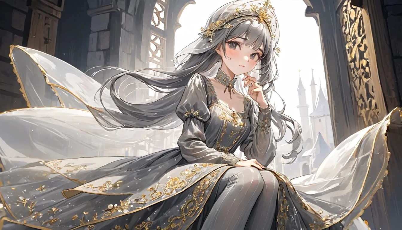 girl, Gold and silver embroidery, White-gray pearl medieval long dress(With panniers), Translucent fabric, Pull up the dress by hand, Strong winds, Translucent slip, Grey translucent tights, Peeking from below, Highest quality, Disorder of clothing, sit