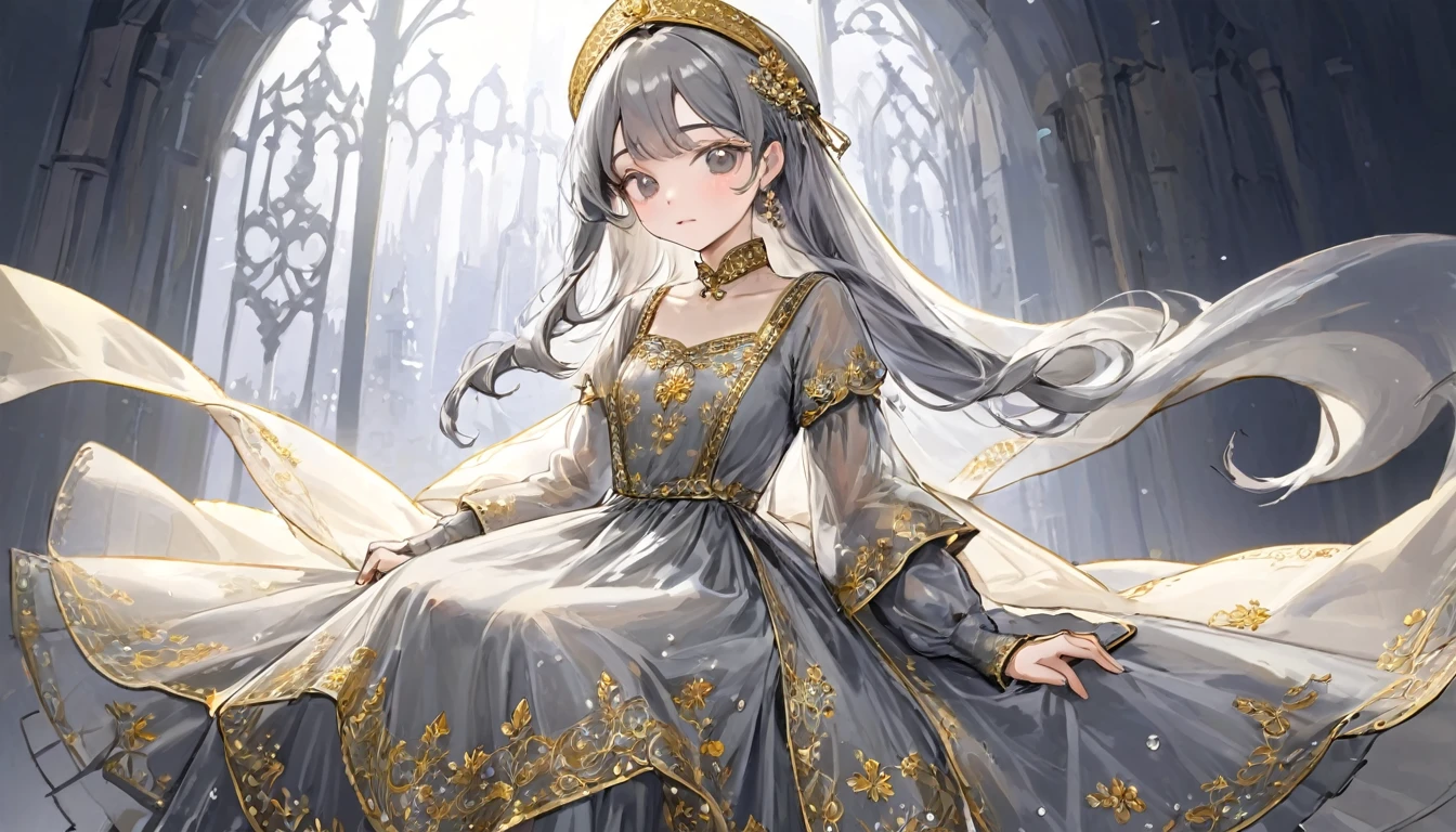 girl, Gold and silver embroidery, White-gray pearl medieval long dress(With panniers), Translucent fabric, Pull up the dress by hand, Strong winds, Translucent slip, Grey translucent tights, Peeking from below, Highest quality, Disorder of clothing, sit