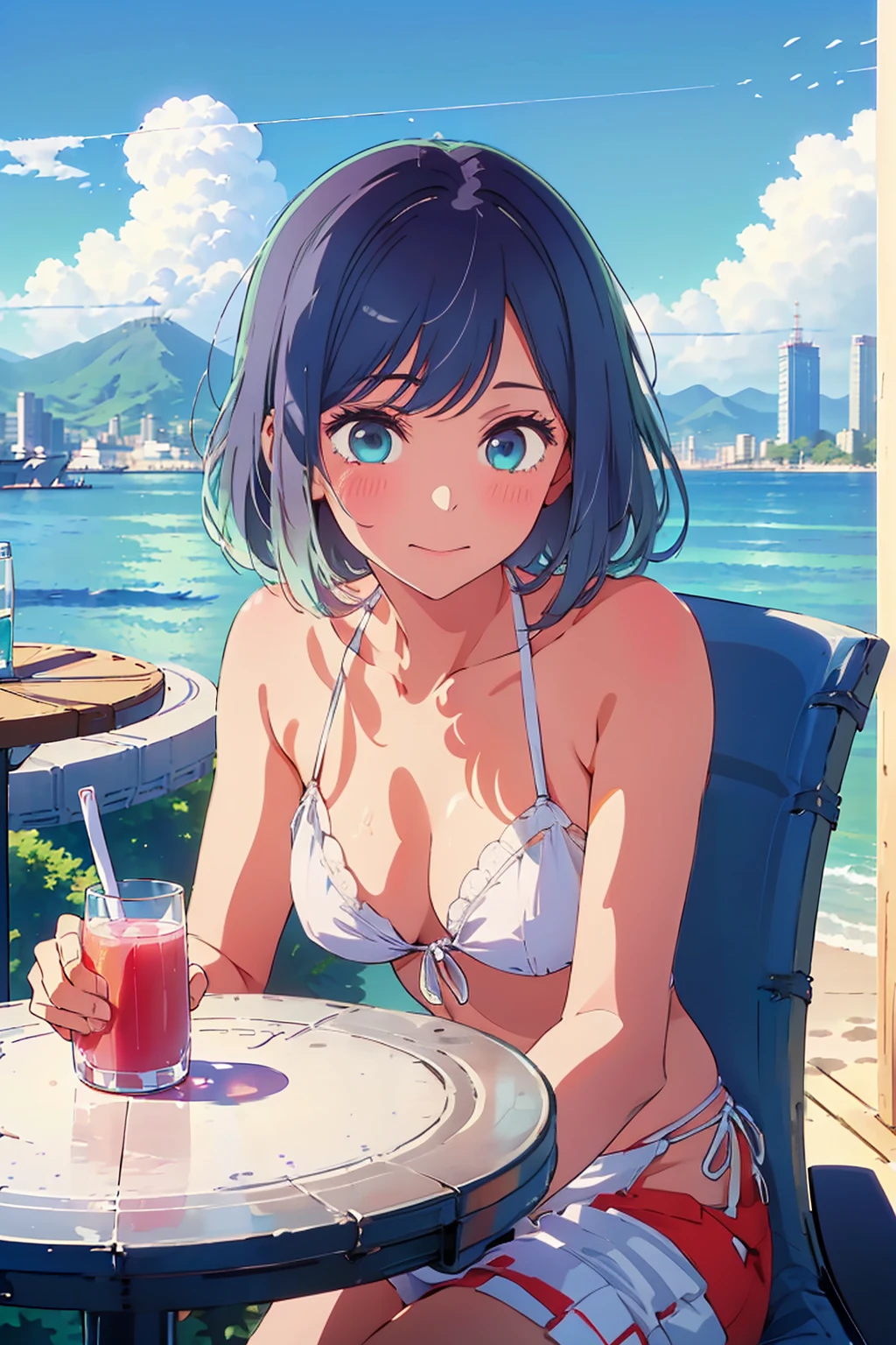 (Highest quality:1.4、8k:1.4、detailed)、F cup bust、Big Breasts、Slim and beautiful arms、Slim body、Very white beautiful skin、((((1 person、smile、smile、sit、Chair、In the background are the urban buildings of Tokyo、looking at the camera、Outdoor café terrace、coastal、Navy hair color、Pose touching hair:1.4、juice、White side string high leg bikini、Shooting up close、table、Very cute face))))、Very blue sky、A completely cloudless sky、She tilted her head slightly、The atmosphere is bright and lively、The woman is at the center of the image。