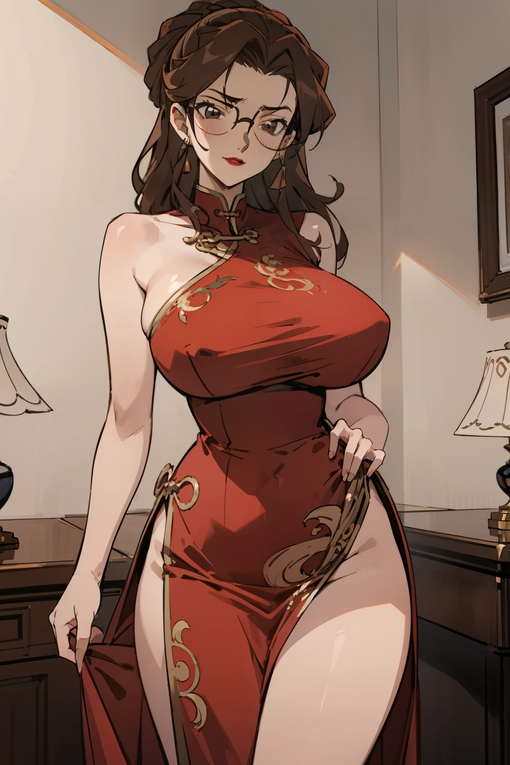 Night time,(Masterpiece), Best Quality, ultra-detailed, 1girl (eri,  Slender and sexy body, huge breasts, wide hips,   brown hair, long wave hair, brown  eyes, spectacles), evil face, smirk,parted lips, mascara, full makeup, red lipstick,  facing viewer, looking at viewer, solo, red china dress, ornate dress, long dress, pussy,bare shoulders, bows, in the  livingroom, standing,  Sexy waist teasing ,skirt pull, a provocative pose 