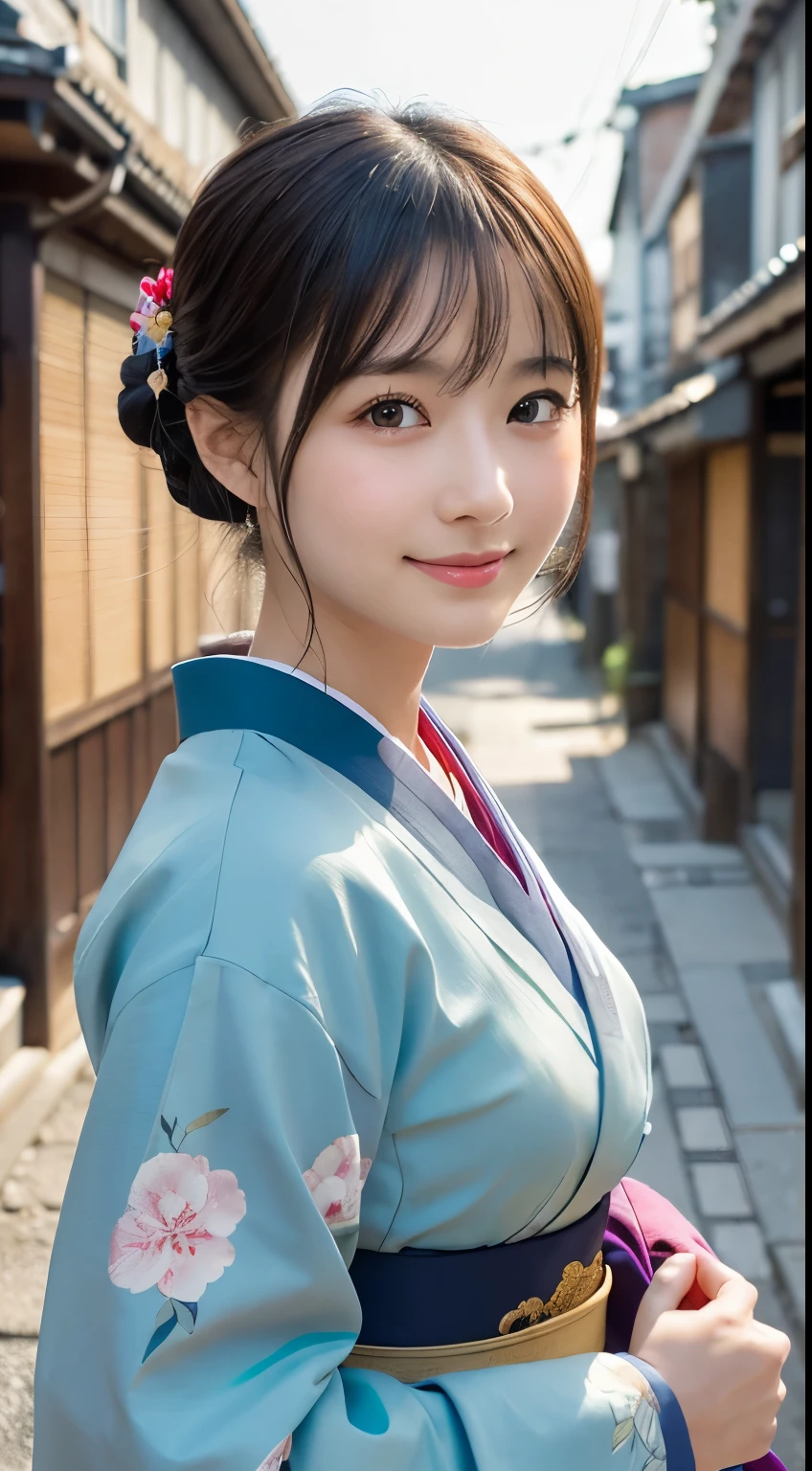 Professional Lighting,(Photorealistic:1.4), (Top image quality:1.0), (超A high resolution:1.0), 8k, Raw photography, (masterpiece:0.2), (Facing the children_v1:0.5)、(最高quality Detail:1.2)、Realistic、8K Ultra HD、High resolution、(1 girl:1.2)、超detailedな、High quality textures、複雑なdetailed、detailed、Very detailed CG、High quality shadows、detailed 美しく繊細な顔、Beautiful details and a delicate eye、(Symmetrical eyes:1.2),Written boundary depth、Ray Tracing,1 girl, Japanese Girls, (Natural smile:1.4),cute, thin, Portrait of a beautiful Japanese woman in a kimono, Standing elegantly on a street corner in Kyoto. Kimono with vibrant traditional patterns, Hair decorated with elegant and delicate hairpins, Gentle expression. (With the old streets of Kyoto in the background:1.4)、The soft light of a spring afternoon、Adding tranquility to the scene. Rendered in a Realistic style with great attention to detail, High resolutionの画像.Sky Porn, Magic Hour, (Realistic:1.3), finely, quality, (Tabletop:1.2), (Realistic:1.2), (最高quality), (複雑なdetailed), dramatic, Ray Tracing, photograph, +roller
