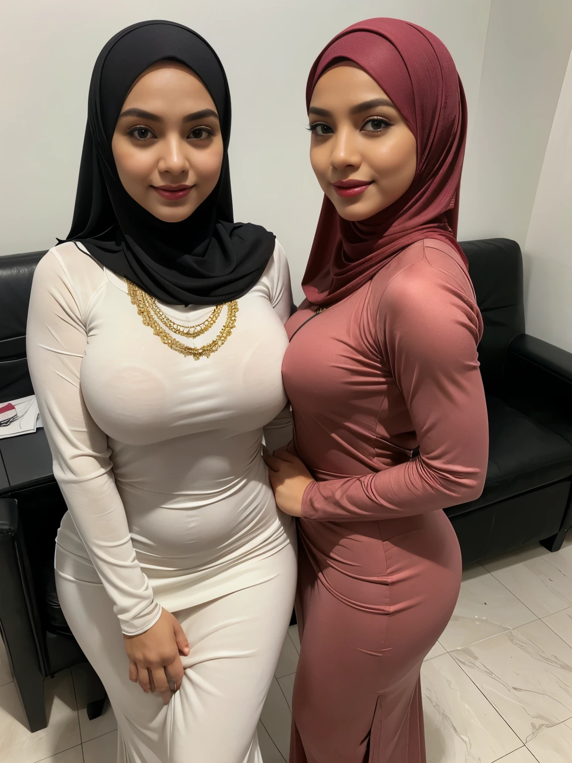 (2girls:1.2),(double exposure), back view, (full body), in a private chamber, two gorgeous matured  teachers (stood side by side) behind white wall,((35 year old)), ((malay women)), curvy fit body shape, bigger ass, gluteal,busty, huge thighs, (both wore fitted white long sleeves baju kurung),((black hijabs)), private room, arabic caligraphy, pov, skin texture, ultra high res, RAW, instagram LUT, masterpiece, best quality, ultra-detailed, ultra high resolution, RAW, 4k, (looking at viewer), extremely detailed eyes and face, (beautiful detailed nose), (beautiful detailed thigh), (beautiful detailed eyes), perfect body proportion, (looking at viewer), smirk, red lips,ceramic floor, (black hijabs)