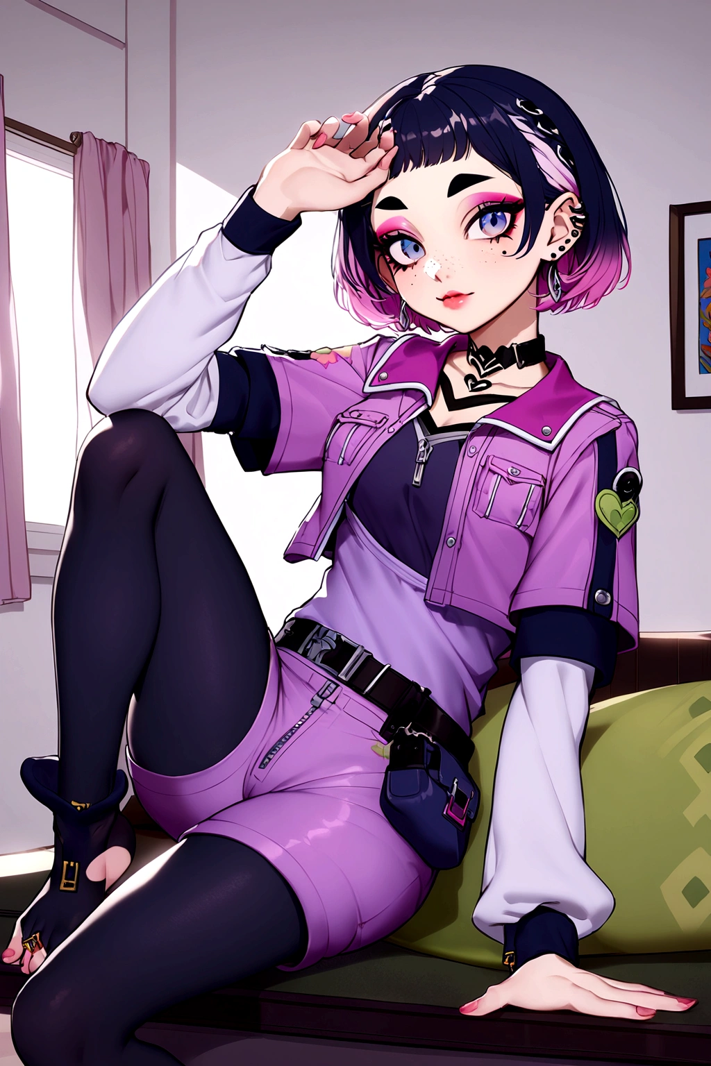 Clove, choker, black hair, blue eyes, short sleeve jacket,(layered sleeves),(very short hair,short over long sleeves), white sleeves,hair ornament,earrings,multicolored hair, jewelry, belt,makeup, short hair,eyeshadow, zipper, lips, black choker, two-tone hair, jacket, nose, pink hair, freckles, pink jacket, hood, (black pantyhose), pouch,open jacket, piercing, black shirt, eyeliner,gradient hair, shirt, thick eyebrows, ear piercing,heart, mascara, purple shorts,eyelashes,black legwear under shorts,short shorts, clovcos
