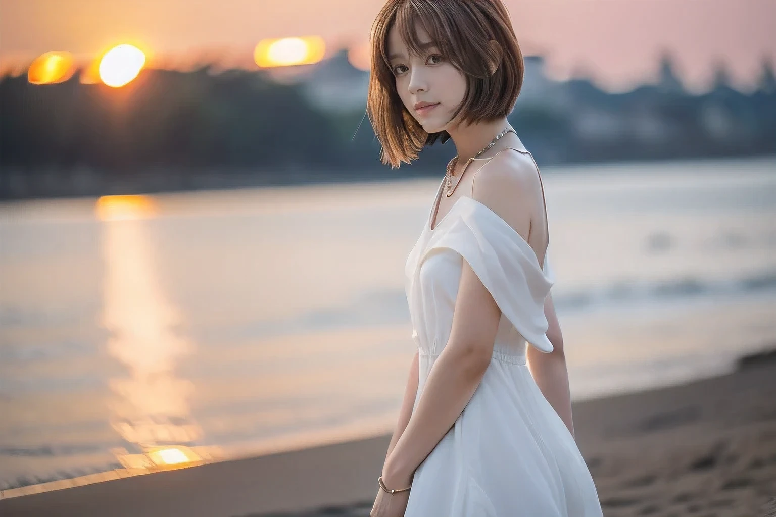(Not looking at the camera、Beautiful profile looking into the distance:1.5)、(Sitting on the beach with my knees hugged:1.5)、(Profile of a woman looking at the beautiful sunset over the sea、18-year-old female:1.5)、(The best quality at its best:1.4), (Super detailed), (Very detailed CG unified 16k), Beautiful woman with perfect figure: 1.4, Sharp focus: 1.2, Very detailed, High-quality RAW color photos, Professional photography, Great face and eyes, cosmetics, (Amazingly beautiful girl), ((Summer white dress:1.5)), Realistic movie faces, Full body long view from head to toe, Realistic, ((Realistic natural orange red hairstyle)), ( Short Bob Hair:1.5), (necklace:1.5)、, Very beautiful face, Perfect model beauty, Mouth swelling, Highly detailed face and skin texture, Fine grain, double eyelid, Medium chest, (masterpiece), Highest quality, High resolution, Very detailed, Blurred Background, Depth of written boundary, Cinema Lighting, Great legs, , Clear, well-maintained skin,((Full body shot from head to toe:1.5))