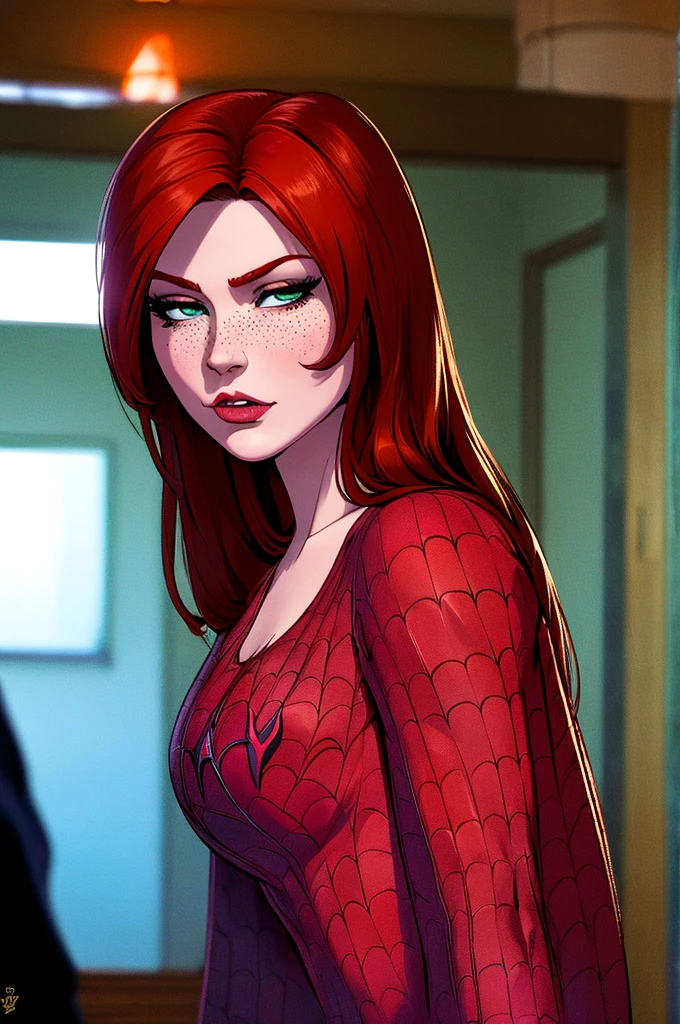 a close up shot of Mary Jane Watson (wearing a tight spider-man costume), (redhead, ginger, big green eyes), beautiful, gorgoues face, big pink lips, cheekbones, snokey eyes, freckled, sharp nose, jawline, skinny, slender, slim, ((ultra realistic)), (highly detailed face, big fake lips), beautiful lighting, smooth skin, bright image, bright colours, (hyperreal, realism), posing seductively