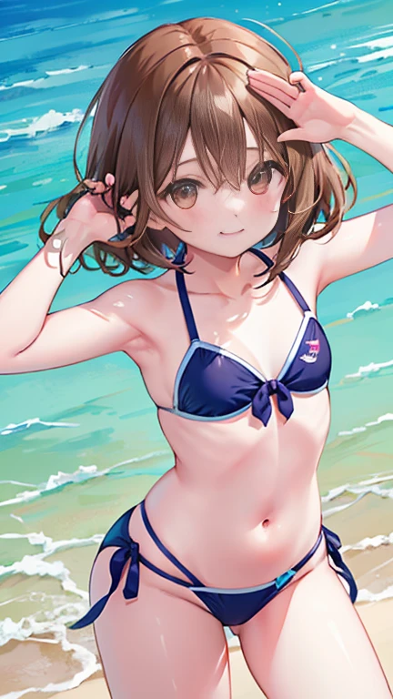 Highest quality, masterpiece, Ultra-high resolution, 8k, Show anime style , One, Soft Line Art, Digital Enhancement, shojo anime touch, shojo manga core, Flowing fabric, close, Soft Drawing, Ultra High Definition Digital Anime Art, Clear facial depiction, Highly detailed girl manga character art, Ultra-detailed manga style, Highest qualityの色, (Short brown hair)), Staring at us from the front, Beautiful brown hair, Clear brown eyes, A little chubby,Small breasts,Small butt,(((Teasing Smile)) 、Bikini Swimwear、Midsummer Sunshine,Sandy Beach,I put my hands over my eyes because of the glare