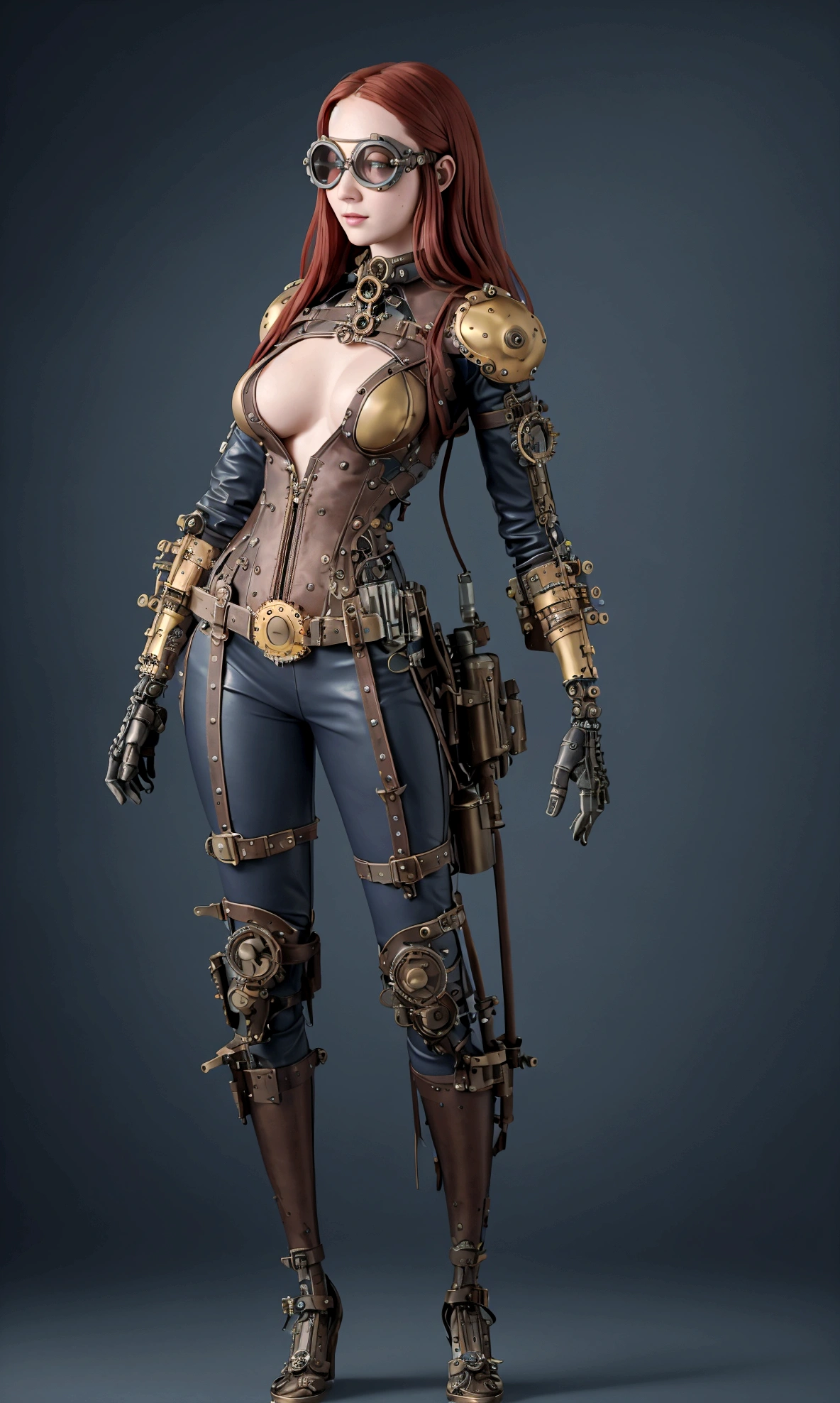 Full body, Full body bild(head to toe in frame)((Masterpiece)),mfbp1, (Best Quality),perfect body (Cinematic),(Extremely detailed CG Unity 8k wallpaper), 1 girl, fit,Delicious company, small breasts,(no goggles on face)(very long redhair),one Stunning red-haired steampunk woman who lost her forearm in an accident received a beautifully designed, fine and perfectly fitting robotic prosthesis (steampunk style) as a replacement, posing coolly in front of machines and factories. With this prosthesis she shows us a sealed, delicate poison glass bottle with blue liquid in it. Hand-forearm prosthesis made of brass and leather. She wears tight-fitting clothing (steampunk leather suit with cut-outs on hips and belly and buckles).the forearms are nude to show the prothetic arm, hoes and decorative wielding goggles in her hair on head, also made of brass and leather. The landscape is a bit gloomy, but also impressive.,1 line drawing,make up,steampunk style 