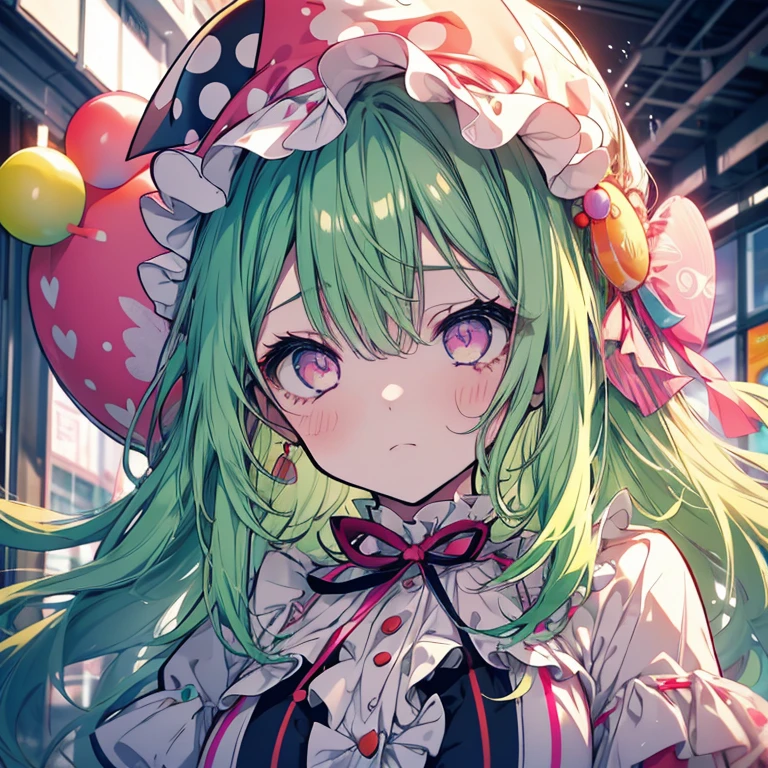 1 girl、Mature、Ample breastint green hair、Long Hair、Curly Hair、Pink Eyes、clown、Clown、clownの仮面を持つ、Sad face、cute、Bust-up perspective、High resolution、Highest quality