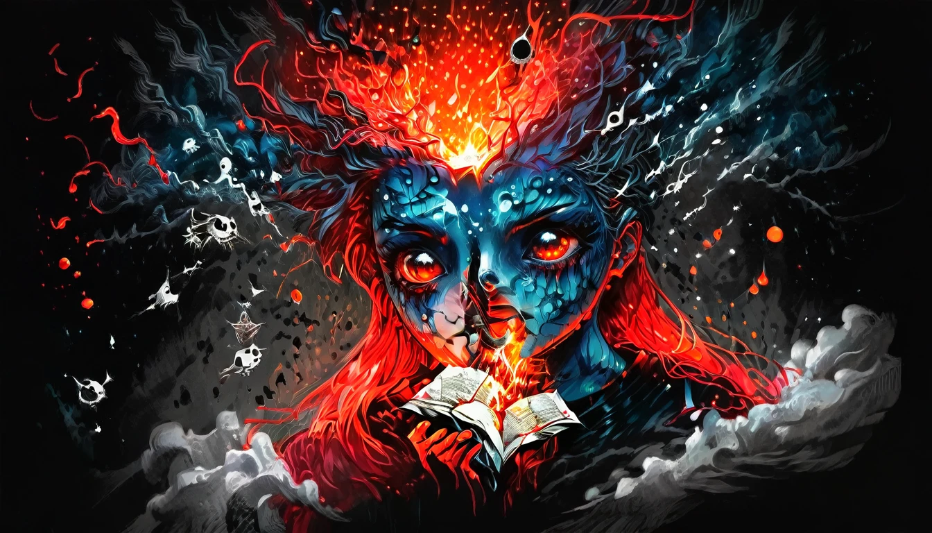 High Resolution, High Quality , Masterpiece .Hyper-realistic ink drawing with surreal colors, elements of absurdity in the style of Ross Tran featuring postal envelopes aflame as a reference to Roby Dwi Antono, letters, broken hearts, skulls, and a treble clef ascending into a starry sky, chiaroscuro lighting enhancing symbols of departed love, a moon adorned with eyes emitting an air of melancholy, atmospheric mood. 