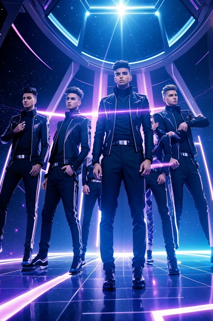 /imagine a dynamic and stylish boy band named "Nova Pulse", featuring five members with futuristic and sleek fashion, performing on a high-tech stage with vibrant lighting and energetic poses. Background includes cosmic elements like stars and nebulas, reflecting their name. --ar 16:9 --v 5
