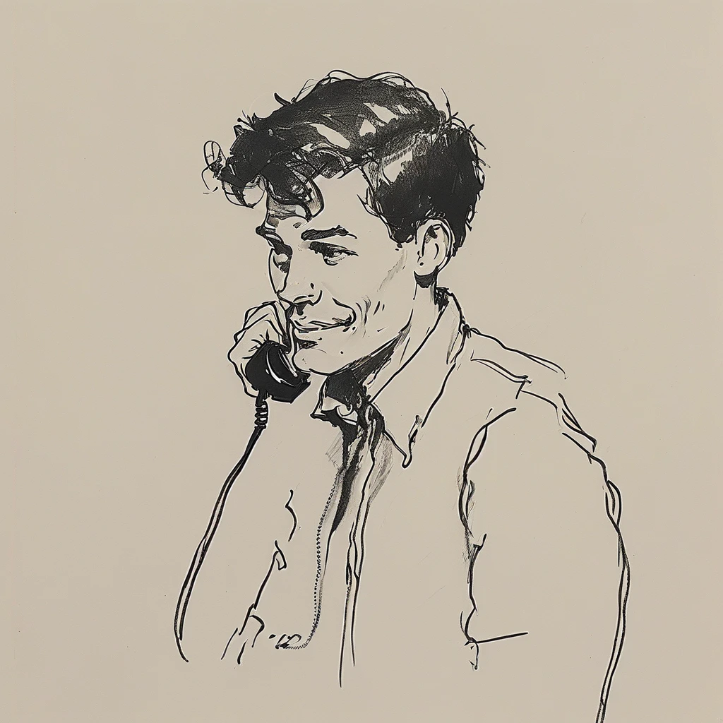 a black and white drawing of a close-up of a 1960 happy agender masculine person who replies to the office phone