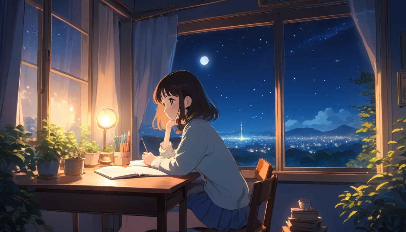 Ghibli style, A girl studying alone at a desk, Night view from the room, A dreamy look outside the window, Cute girl in anime style, Relax in your room, A room filled with warm light