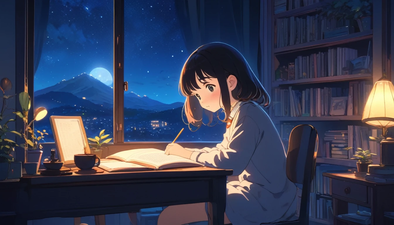 Ghibli style, A girl studying alone at a desk, Night view from the room, A dreamy look outside the window, Cute girl in anime style, Relax in your room, A room filled with warm light