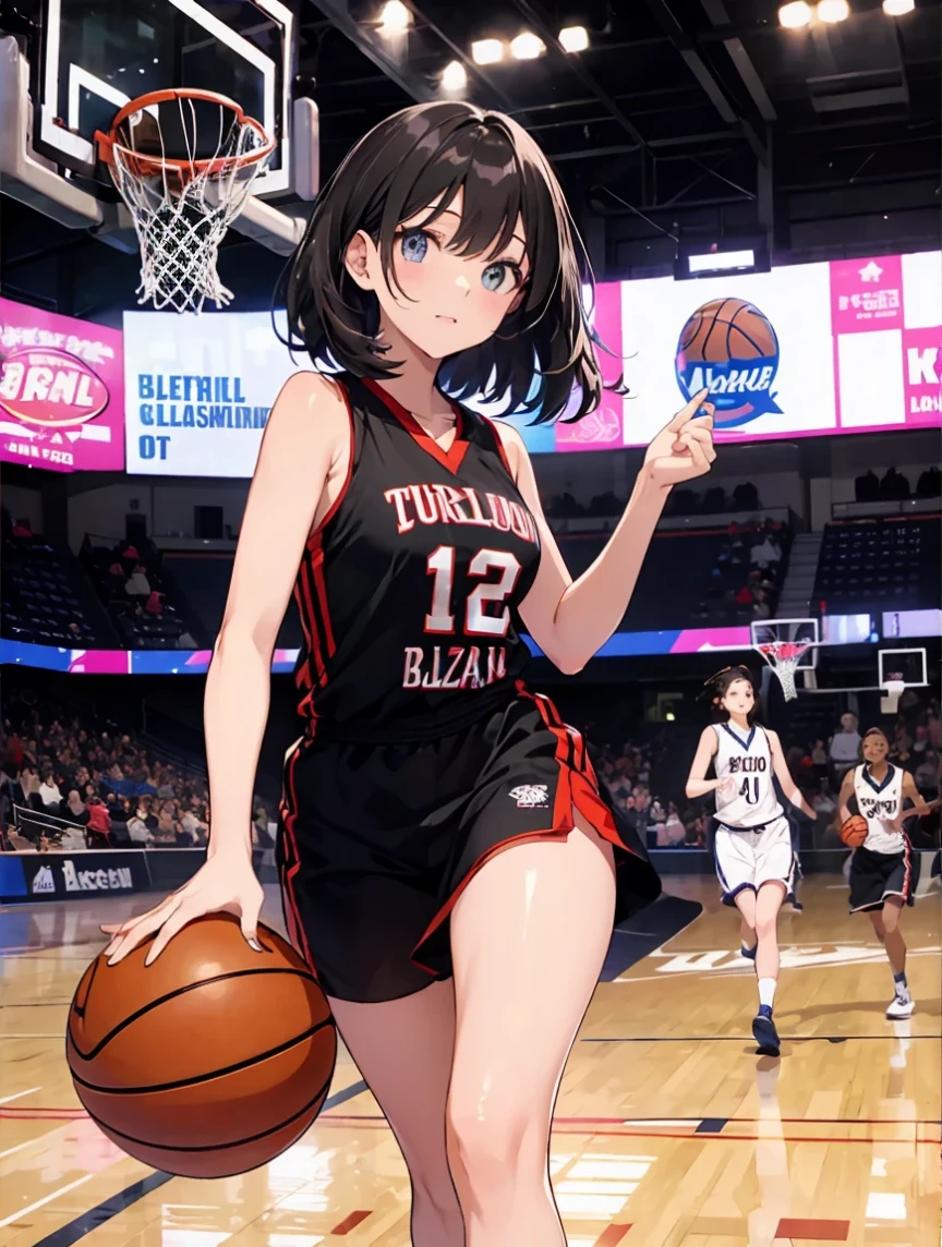 Chica anime con uniforme negro y rojo sosteniendo una pelota de baloncesto., I will also make fanart., makoto kano, El estilo de Tsubasa Nakai., cushart kenz, hinata hyuga, fubuki, makoto, anime visual de una linda chica, Today&#39;s featured anime still., universidad uniforme magico, obra de arte oficial, mejor fondo de pantalla de anime 4k konachan, smiling