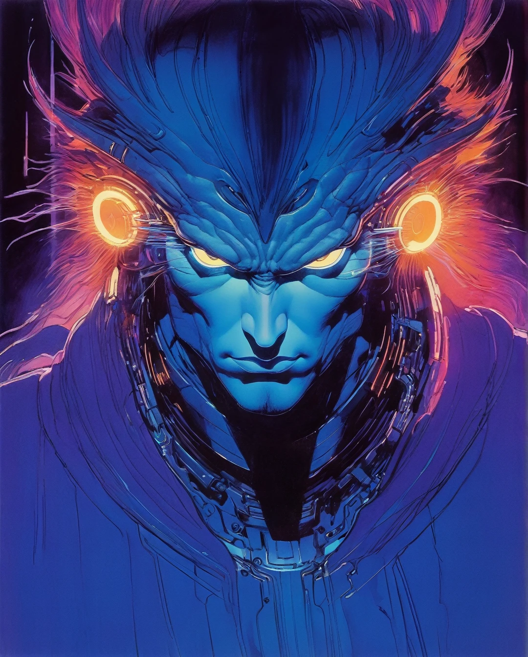 (head and shoulders portrait:1.2), anthropomorphic (cyberpunk:1.3) cyclops , glowing eyes, powered cyberpunk costume (outline sketch style:1.5), gritty fantasy, (art by Syd Mead:1.8), dark muted background, muted colors, detailed, 8k...... (best quality,4k,8k,highres,masterpiece:1.2),ultra-detailed,(realistic,photorealistic,photo-realistic:1.37),alternative reality,telepathic,psychic powers,mind reading,third eye,mind bending,intense gazing,parallel universe,Yoshitaka Amano style,dreamlike,fantasy,vivid colors,soft lighting