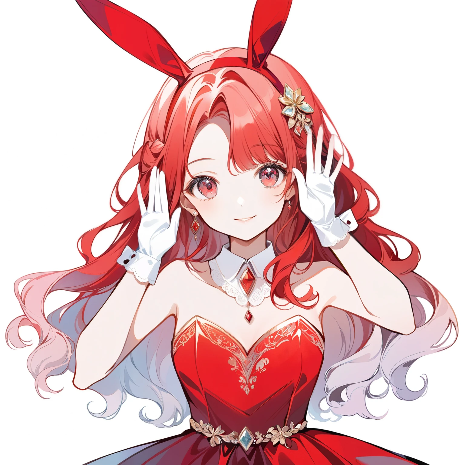 1人のgirl, Long Hair, pastel colour, Portraiture, Medium chest, Line art, Simple Background, (watercolor:0.5)、透明watercolor, girl, Gemstone Eyes, Beautiful arrangements and motifs, Depth of the Boundary, Flat avatar, one girl, smile, Bright redhead (head: Bunny ears, Wavy Hair), Stylish design with red rabbit ears (Red-white), White Background, high quality Gemstone Eyes, Sparkling, Pop Art, Line art, Anthropomorphic apple, Red gradient, Red eyes, Yellow or white hair, A dress with an intricate design A dress with apples on it Yellow fabric Red fabric millefeuille dress Layered dresses Dangling white gloves Red ribbon Pretty ribbon、Rabbit Pose、Move your hands up and down like a rabbit、Illustration from the waist up