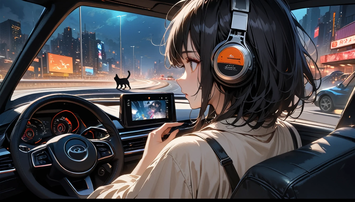 ((8k of extremely detailed CG unit, Masterpiece, high resolution, highest quality, highest quality real texture skin)), (((Driving a car))), (((Highway at night))), (((Japanese style headphones))), (((from behind))), (((1 black cat))), ((1 girl)), (Black hair, messy hair, beige skin), (Surreal, digital painting)