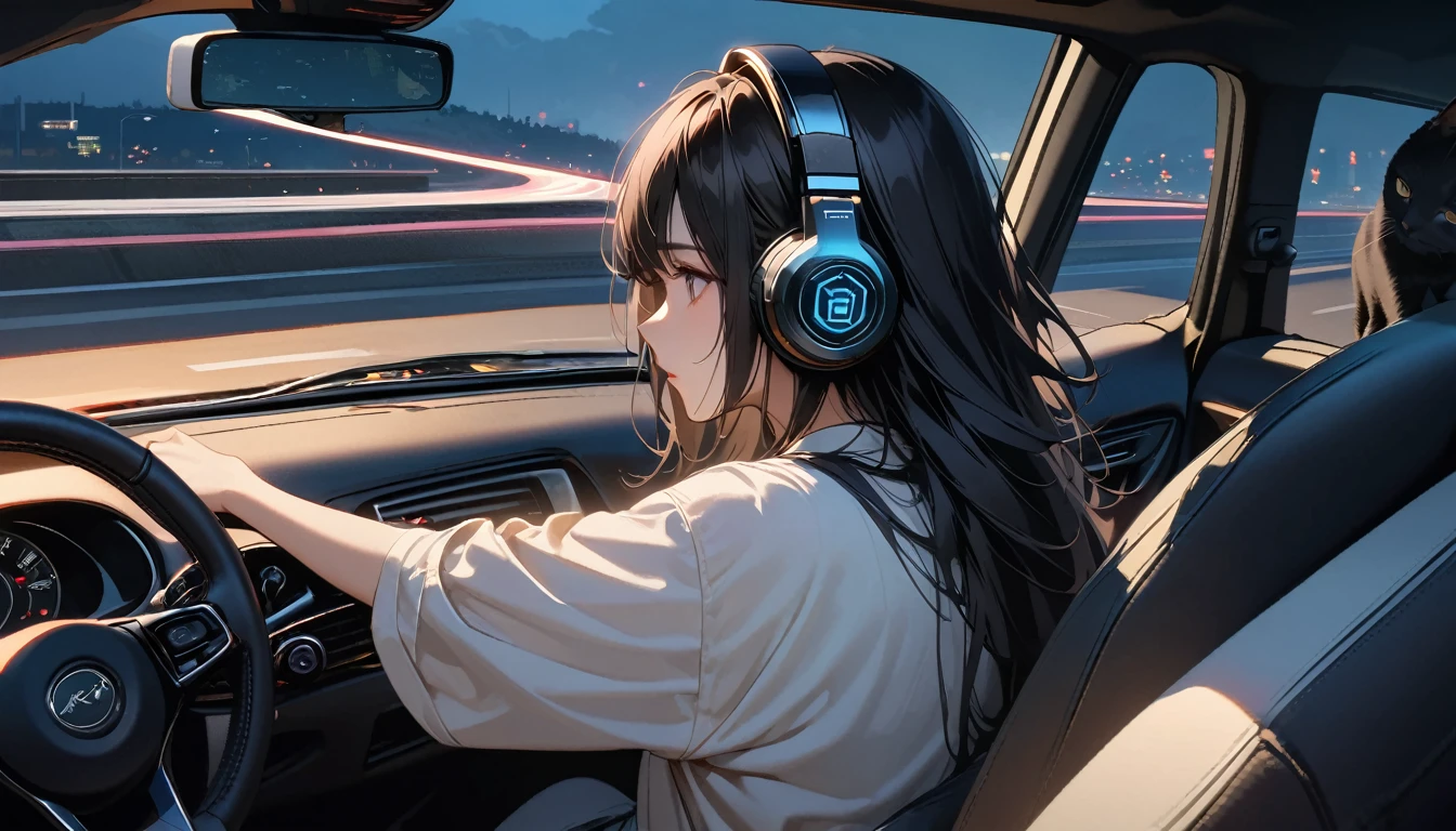((8k of extremely detailed CG unit, Masterpiece, high resolution, highest quality, highest quality real texture skin)), (((Driving a car))), (((Highway at night))), (((Japanese style headphones))), (((from behind))), (((1 black cat))), ((1 girl)), (Black hair, messy hair, beige skin), (Surreal, digital painting)