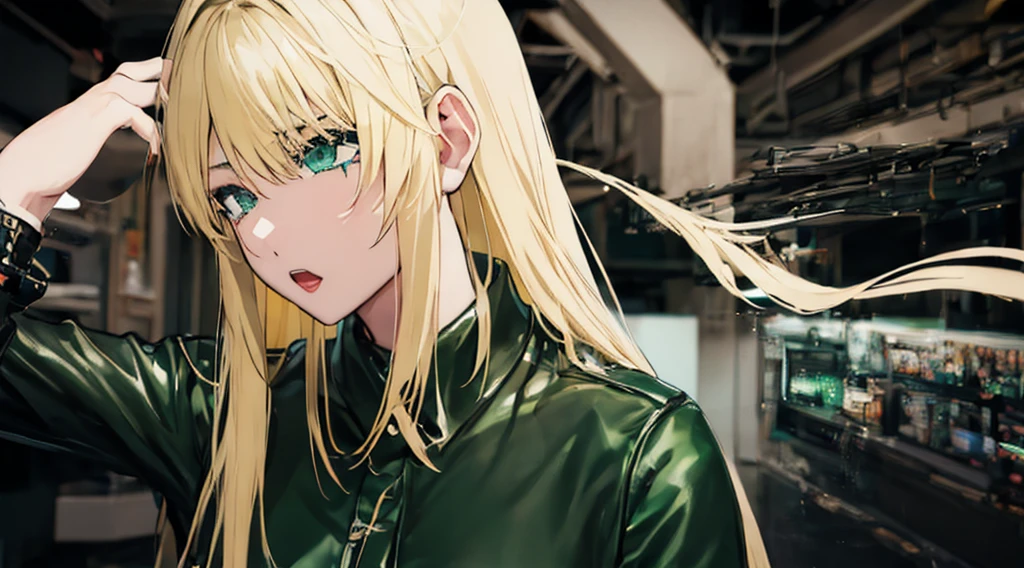profile、Black Tears、Korean、1 girl、blonde、amount、Green Leather Shirt、Raise your collar、Look up、