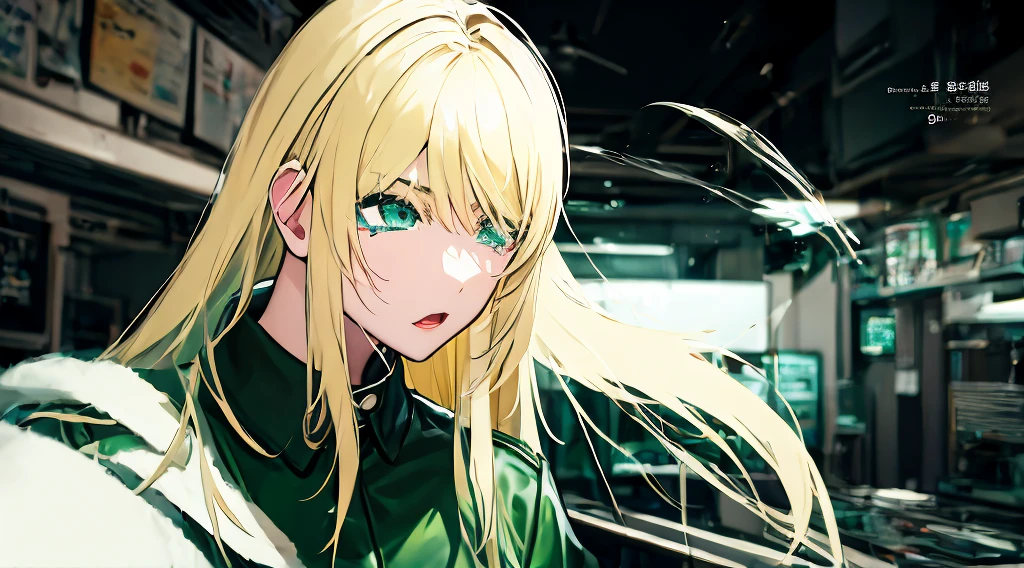 profile、Black Tears、Korean、1 girl、blonde、amount、Green Leather Shirt、Raise your collar、Look up、