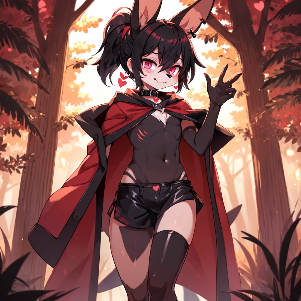 (furry:1.2), rabbit lip male, pink eyes, red skin, black hair, bunny nose, cute, ultra cute face, black hair, short hair ponytail, ears covered by hair black hand, bunny feet, black feet, bare feet, Heart-shaped mark on chest, (ultra detailed), shy, soft, (detailed fur:1.2), beautiful lights and shadows, sharp focus, looking at viewer, (body fur:1.2), (masterpiece), devil elements on body, (Depth of Field), (detail), red hairpin, earrings, rubber collar, dolphin shorts, bulge, cloak, nude, with rich contrasting tones of black and red, handsome, normal body type, Acting cute, standing in the forest, light magic, girly act, ((solo, The only person)), full body