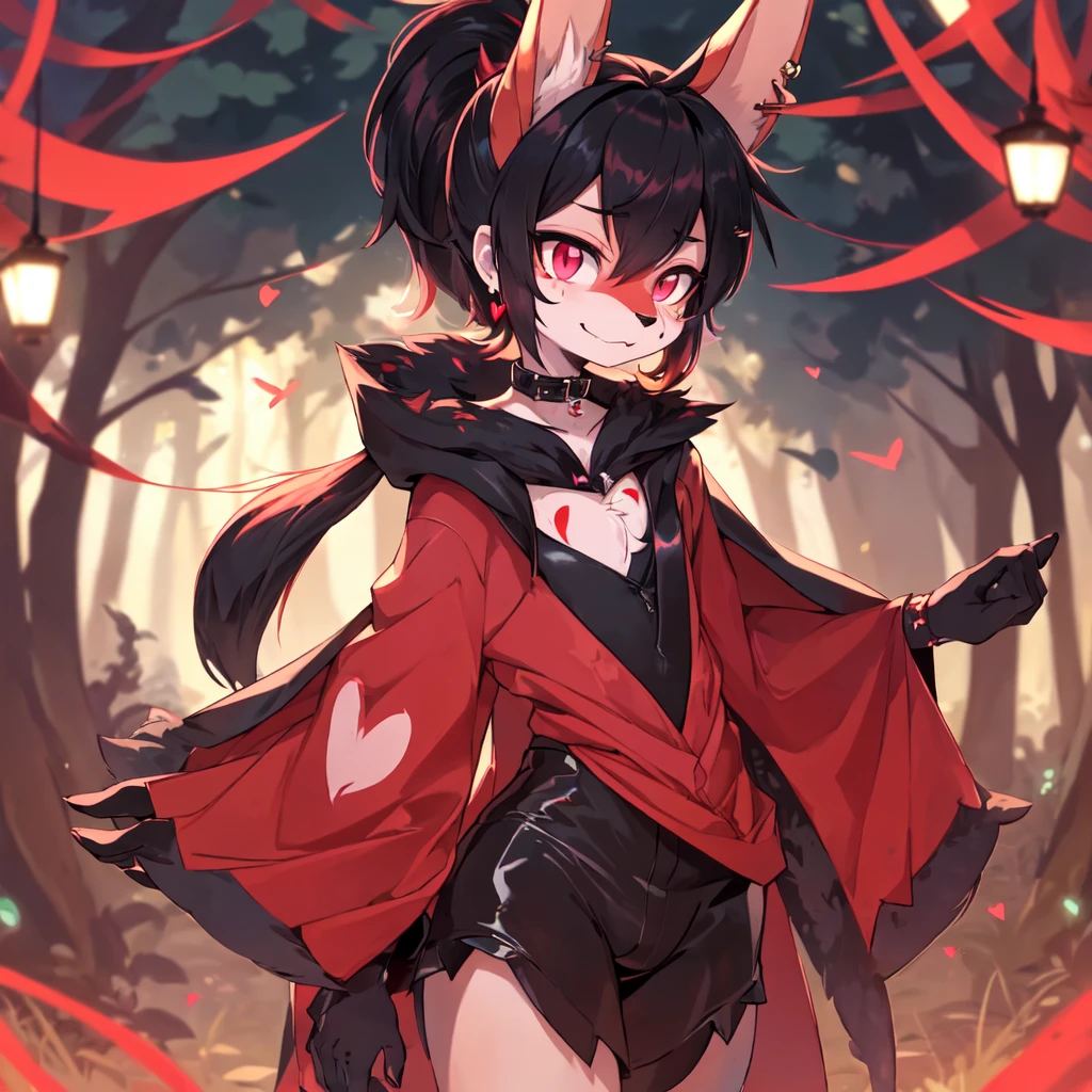 (furry:1.2), rabbit lip male, pink eyes, red skin, black hair, bunny nose, cute, ultra cute face, black hair, short hair ponytail, ears covered by hair black hand, bunny feet, black feet, bare feet, Heart-shaped mark on chest, (ultra detailed), shy, soft, (detailed fur:1.2), beautiful lights and shadows, sharp focus, looking at viewer, (body fur:1.2), (masterpiece), short demon horn, demon elements on body, (Depth of Field), (detail), red hairpin, earrings, rubber collar, dolphin shorts, bulge, cloak, nude, with rich contrasting tones of black and red, handsome, normal body type, Acting cute, standing in the night forest, light magic, girly act, ((solo, The only person))