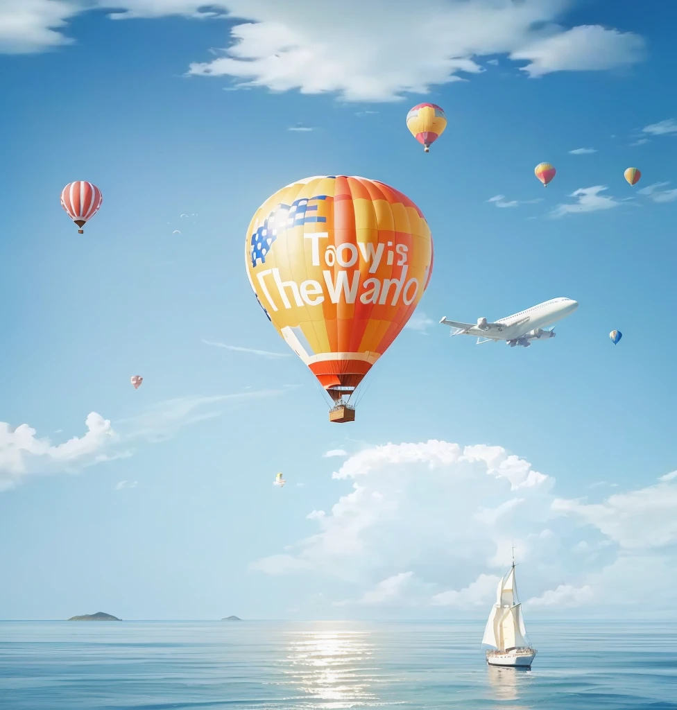 there is a large balloon flying over the ocean with a sailboat, around the world, travel upwards, travel ad, official artwork, round, round background, screencapture, round-cropped, official art, balloon, round about to start, screengrab, round round round nose, tourist destination, hot air balloon, promotional artwork, travel