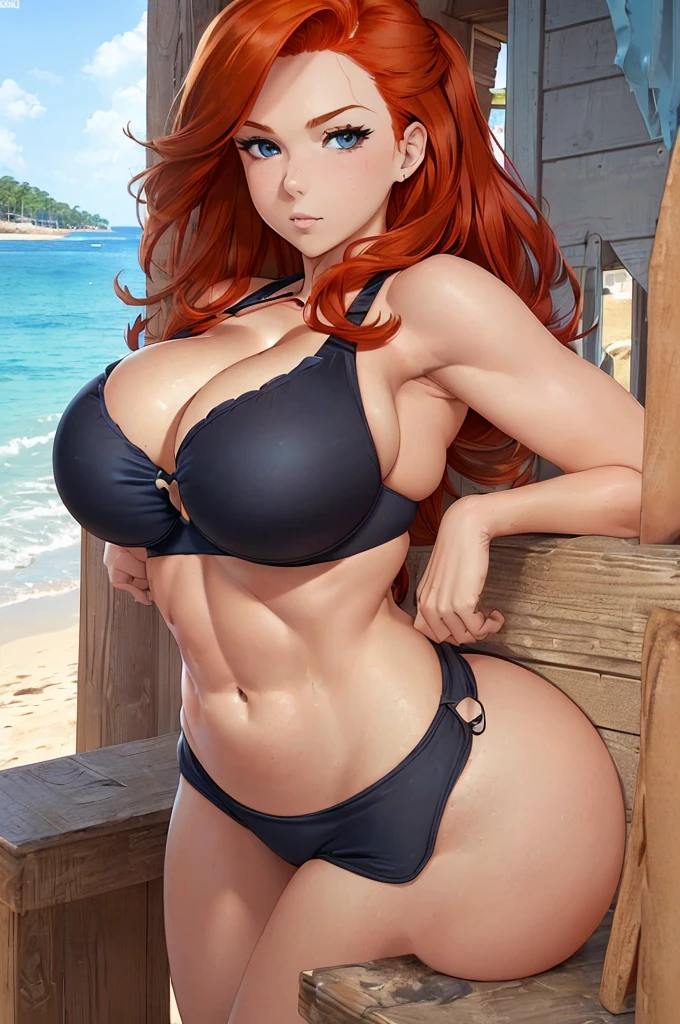 (masterpiece), best quality, expressive eyes, perfect face, (((super fit redhead))), ((((massive cleavage)))), (cute black bra), (cute blue swimsuit), (beach), ((pi)), (((big butt))), ((wide hips)), skinny, (((toned abs))), (((massive breats))), (((stomach is facing towards camera))), ((leaning on bar))