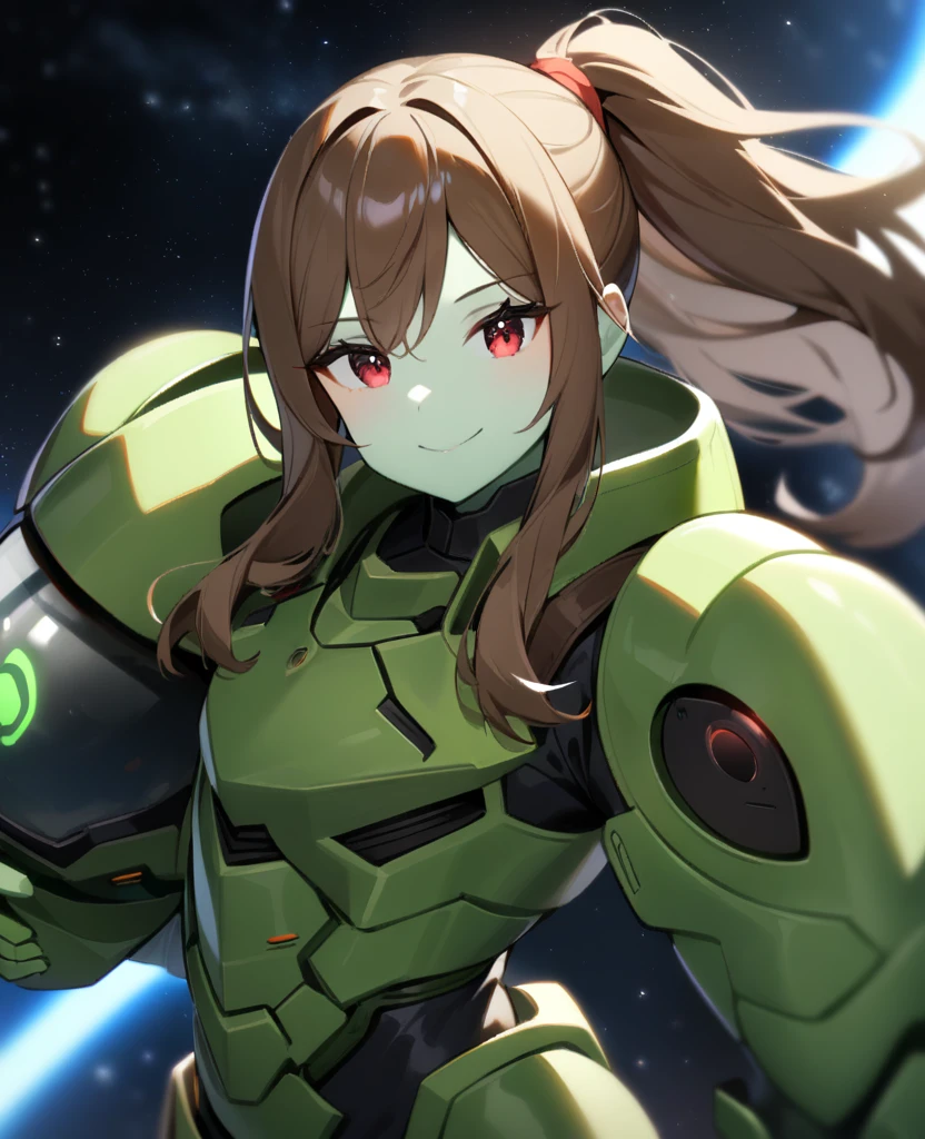 1girl, Makoto Kino,solo,red eyes,((BROWN hair:1.5)),green power armor,ponytail,((pale green skin)),green chest armor,cowboy shot,in space ship,zero gravity,Science fiction,ultra-detailed,sharp focus,aesthetic,(best quality) smiling, holding helmet, holding halberd, 19 years old