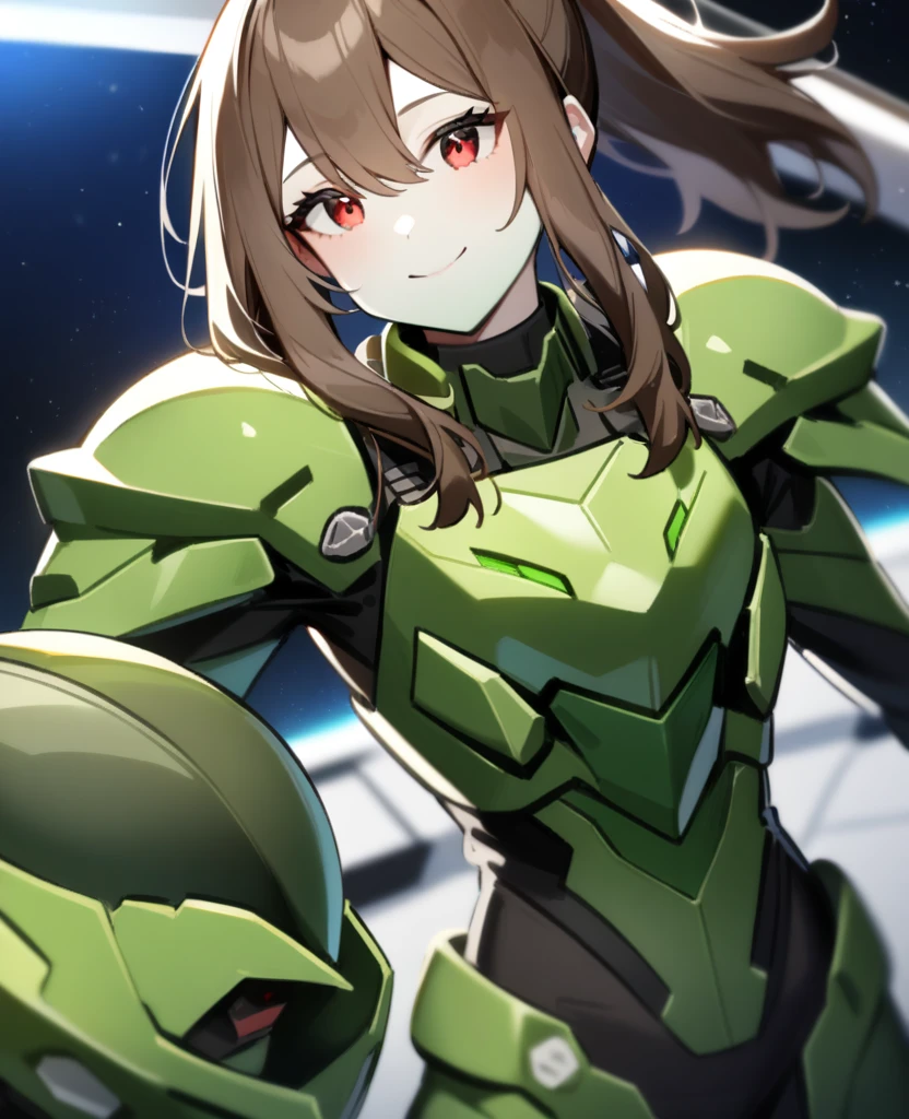 1girl, Makoto Kino,solo,red eyes,((BROWN hair:1.5)),green power armor,ponytail,((pale green skin)),green chest armor,cowboy shot,in space ship,zero gravity,Science fiction,ultra-detailed,sharp focus,aesthetic,(best quality) smiling, holding helmet, holding halberd, 19 years old