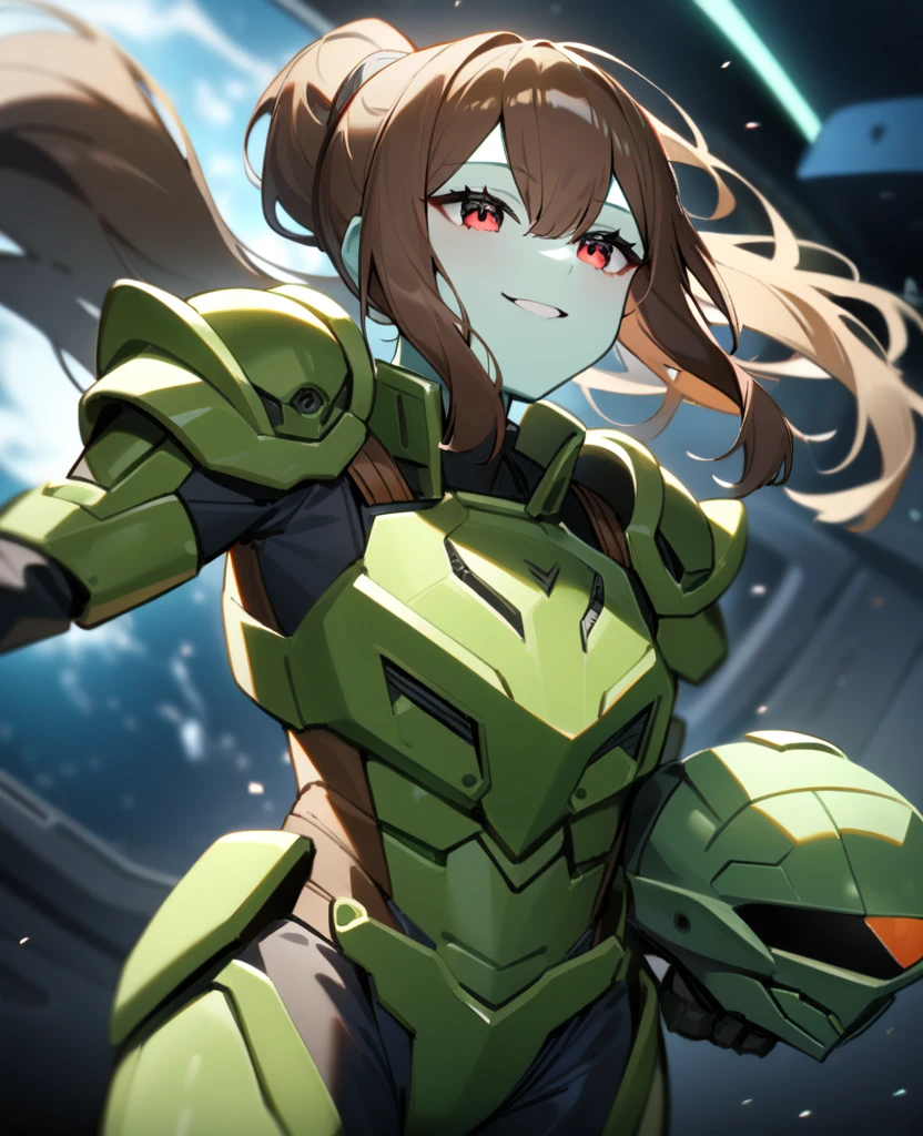 1girl, Makoto Kino,solo,red eyes,((BROWN hair:1.5)),green power armor,ponytail,((pale green skin)),green chest armor,cowboy shot,in space ship,zero gravity,Science fiction,ultra-detailed,sharp focus,aesthetic,(best quality) smiling, holding helmet, holding halberd, 19 years old