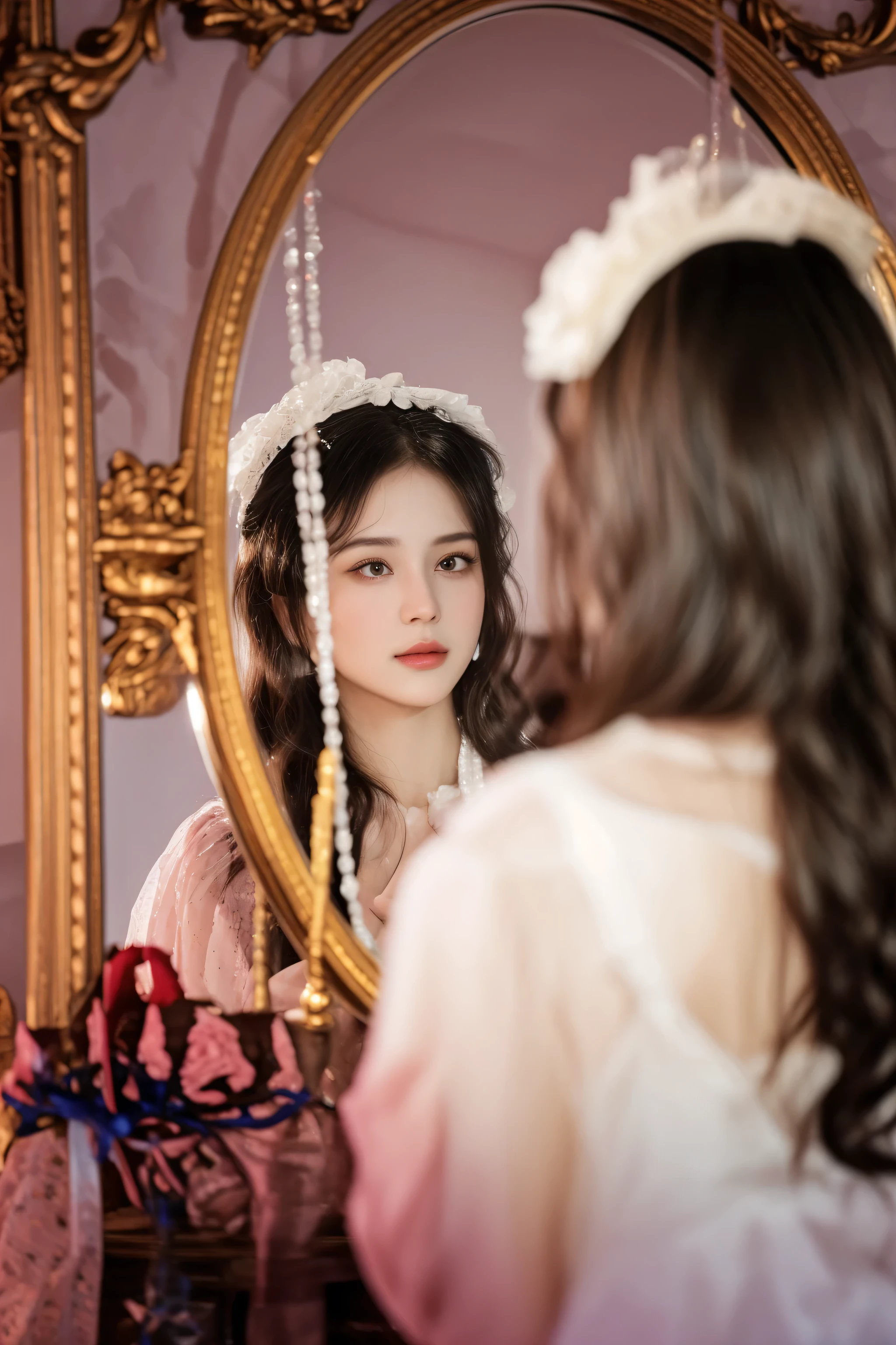 there is a woman that is looking at her reflection in the mirror, looking in mirror, looking in a mirror, looking in the mirror, looking into a mirror, high res, with a mirror, photo taken with nikon d 7 5 0, photo taken with nikon d750, production still, a beautiful victorian woman, by Edward Corbett
