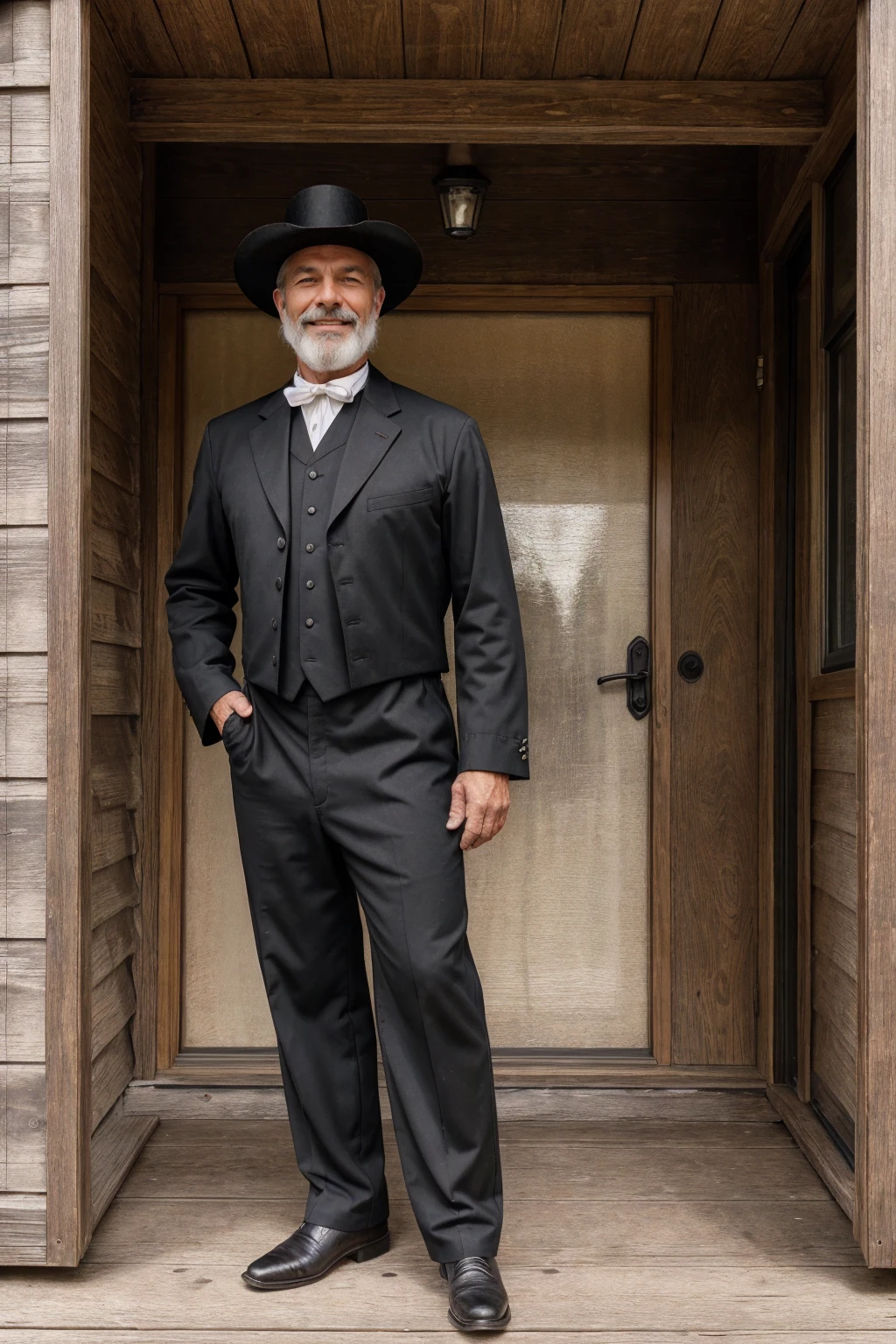 a man in a black pilgrims suit, standing on the porch, in the midwest, americana, upper body, close up, raw, [smiling:0.8], 8k uhd 