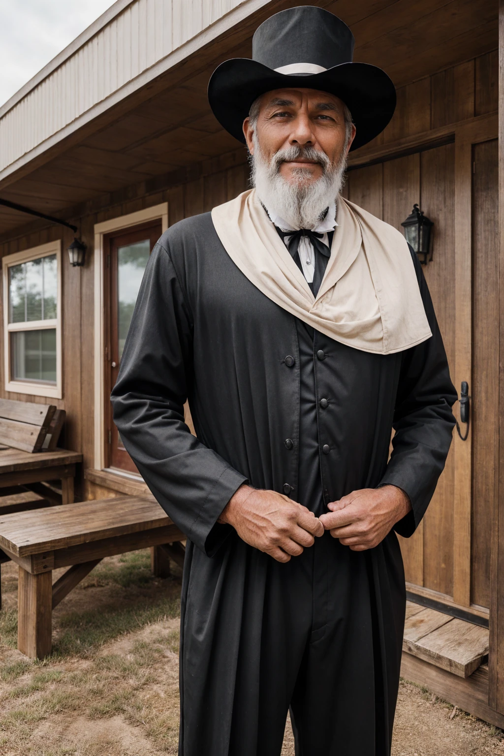 a man in a black pilgrims suit, standing on the porch, in the midwest, americana, upper body, close up, raw, [smiling:0.8], 8k uhd 