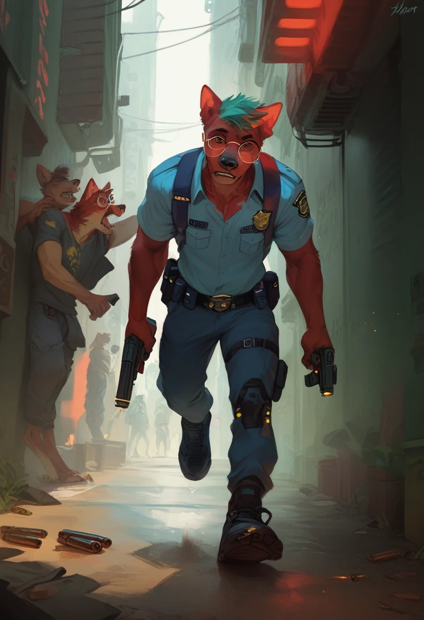 masterpiece, high quality, 1man, anthropomorphic black wolf, cyberpunk police officer, wearing (red round glasses), cyberpunk clothing, running in a cyberpunk city alley, engaged in a shootout, fullbody, in frame, metal sparks, bullet traces, gun shoting