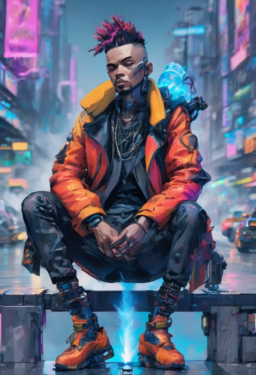 a detailed cypunk badass man , sitting pose on a railing of a futuristic street beside a traffic light , ((holding a smoke)) with a vibrant color , high clarification , refined quality , high definition , super fine detailed ,clear details in 32k resolution