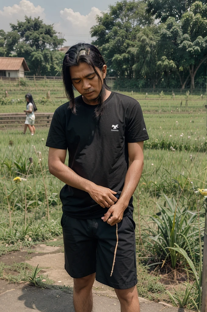 bapak bapak tampan kekar dan putih dengan rambut hitam pendek dan bertato full sampai kaki dengan celana pendek basah di sawah sambil berlari ke jalan yang becek