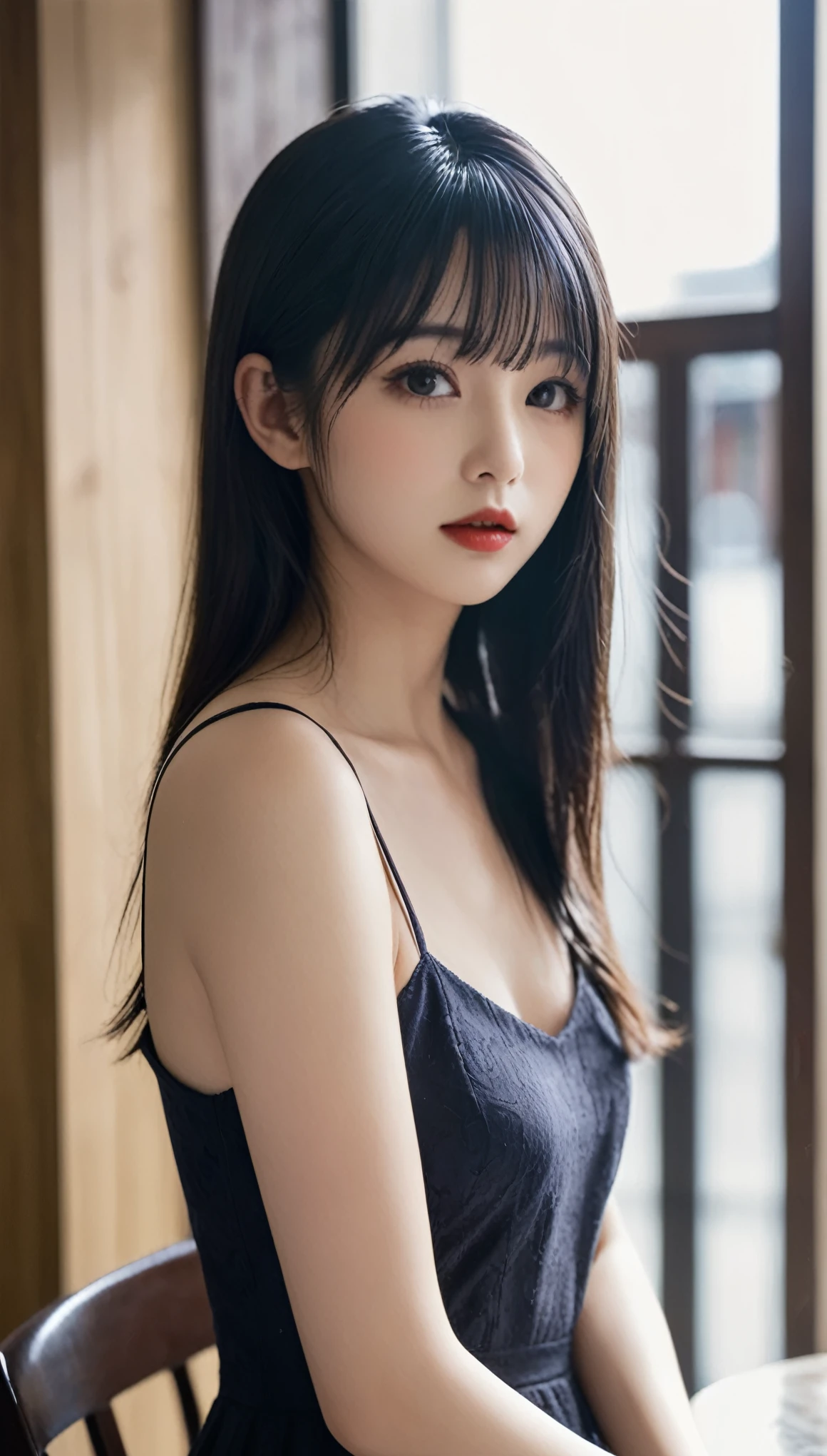 a girl，cute and pretty face，Long straight black hair，Long bangs covering eyes，long eyelashes，(Fine eyes)，small eyes，(half-closed eyes)，(Dark lipstick)，(Dark eyeshadow)，Slim body，Medium breasts，Slender limbs，spaghetti strap dress，Inside an old coffee shop，clean focus，shallow Depth of Field，Ultra-detailed faces，very beautiful face，Extremely high texture skin，Look to viewer，beautiful legs，seductive，femainine pose，(realistic ，realistic-photo，RAW photo，8K original)，lens flare，film grain，artistic photography，UHD，highres，masterpiece，retina，