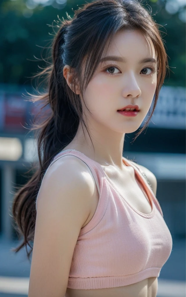 Highly detailed CG Unity 8k wallpaper., Highest quality, Awesome details, Masterpiece, realistic, photo realistic, Cute girl, very detailed, 25 years old, muscle, abdomen, weather, viewer,  Blush, Chapped lips, Half shot , 
sportswear , Arena , look behind, short ponytail