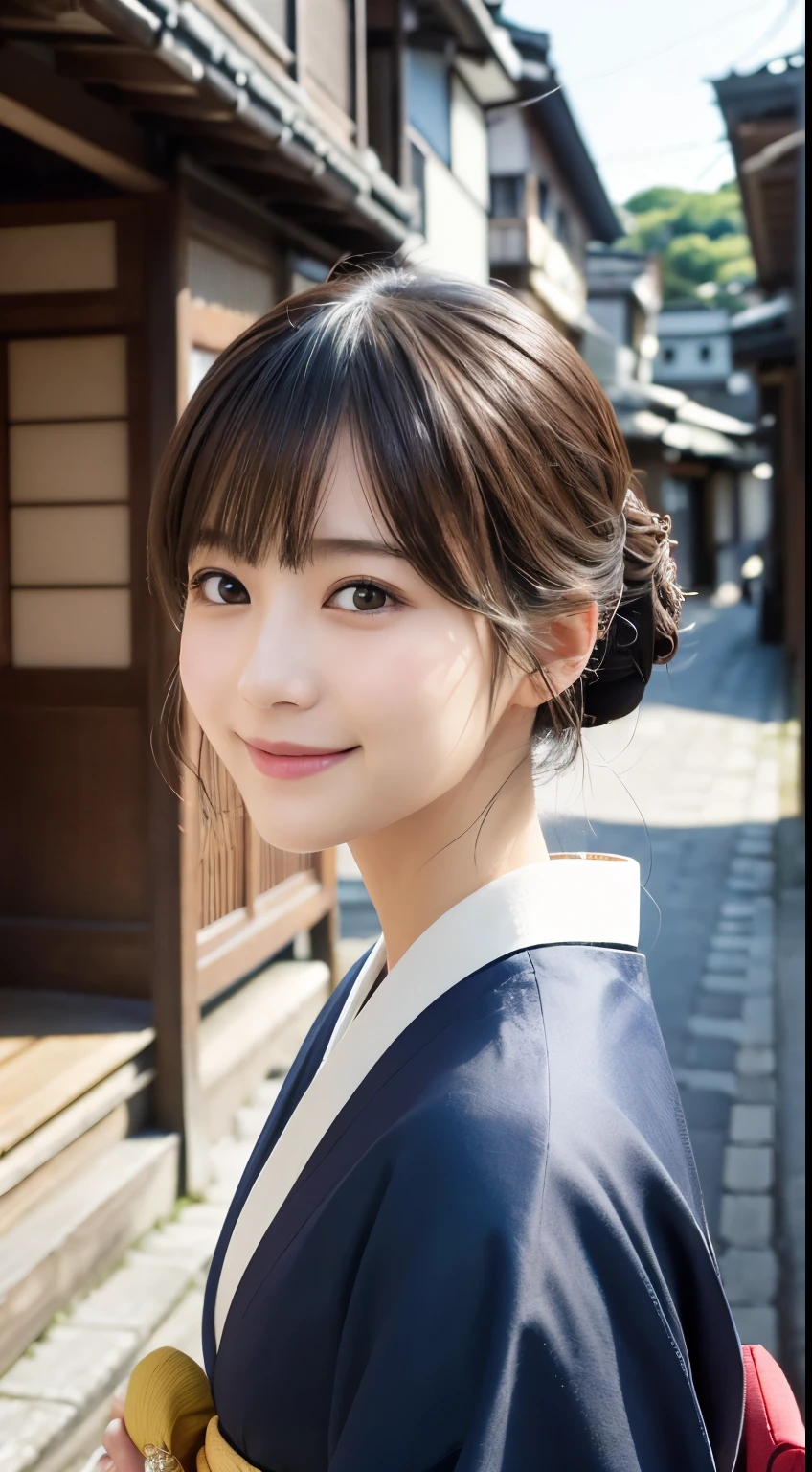 Professional Lighting,(Photorealistic:1.4), (Top image quality:1.0), (超A high resolution:1.0), 8k, Raw photography, (masterpiece:0.2), (Facing the children_v1:0.5)、(最高quality Detail:1.2)、Realistic、8K Ultra HD、High resolution、(1 girl:1.2)、超detailedな、High quality textures、複雑なdetailed、detailed、Very detailed CG、High quality shadows、detailed 美しく繊細な顔、Beautiful details and a delicate eye、(Symmetrical eyes:1.2),Written boundary depth、Ray Tracing,1 girl, Japanese Girls, (Natural smile:1.4),cute, thin, Portrait of a beautiful Japanese woman in a kimono, Standing elegantly on a street corner in Kyoto. Kimono with vibrant traditional patterns, Hair decorated with elegant and delicate hairpins, Gentle expression. (With the old streets of Kyoto in the background:1.4)、The soft light of a spring afternoon、Adding tranquility to the scene. Rendered in a Realistic style with great attention to detail, High resolutionの画像.Sky Porn, Magic Hour, (Realistic:1.3), finely, quality, (Tabletop:1.2), (Realistic:1.2), (最高quality), (複雑なdetailed), dramatic, Ray Tracing, photograph, +roller
