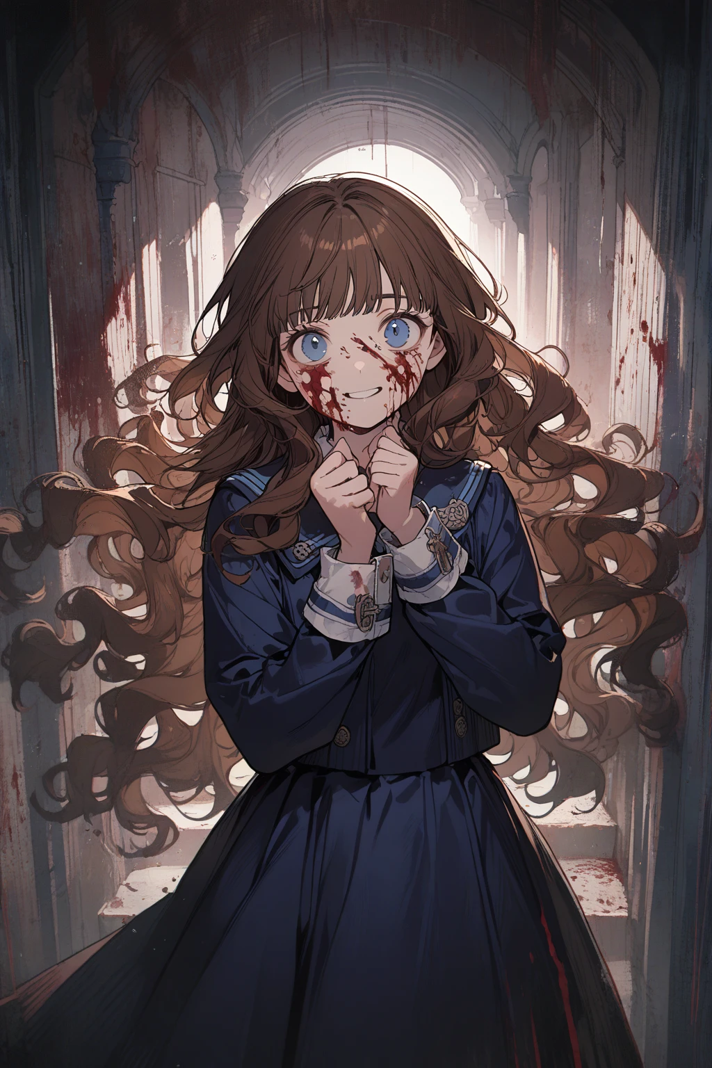 1 girl, CuteStyle, upper body, blue eyes, brown hair, long hair with bangs, flowing hair, standing in the stairwell in the entrance, white walls, iron railings, dressed in a dark blue school dress, long sleeves, white cuffs, face in blood, sweat on the face, hands in blood, walls in blood, looks at the viewer, scared look, scared smile, detailed, beautiful, atmospheric, gentle tones