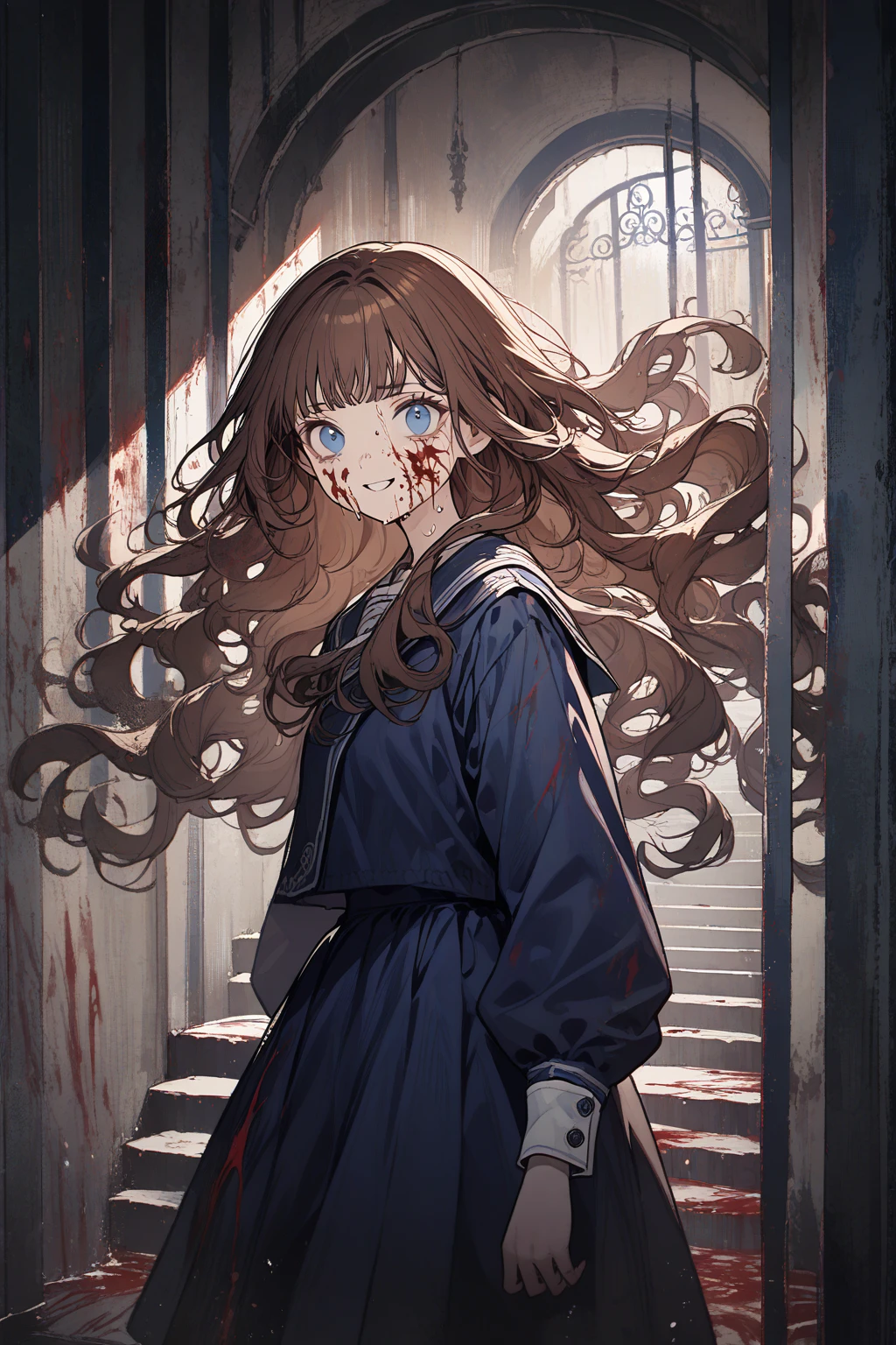 1 girl, CuteStyle, upper body, blue eyes, brown hair, long hair with bangs, flowing hair, standing in the stairwell in the entrance, white walls, iron railings, dressed in a dark blue school dress, long sleeves, white cuffs, face in blood, sweat on the face, hands in blood, walls in blood, looks at the viewer, scared look, scared smile, detailed, beautiful, atmospheric, gentle tones