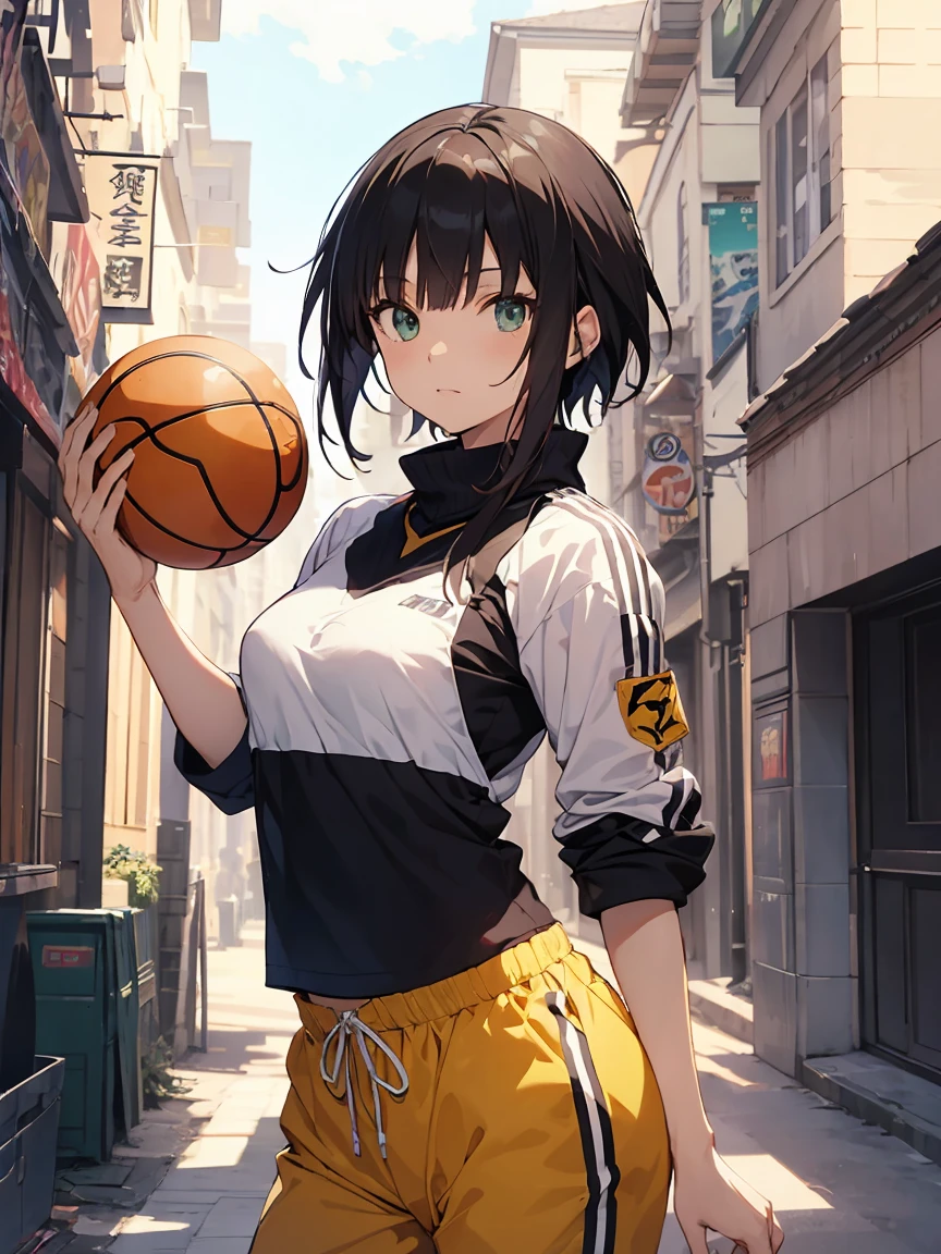 Chica anime con uniforme negro y rojo sosteniendo una pelota de baloncesto., I will also make fanart., makoto kano, El estilo de Tsubasa Nakai., cushart kenz, hinata hyuga, fubuki, makoto, anime visual de una linda chica, Today's featured anime still., universidad uniforme magico, obra de arte oficial, mejor fondo de pantalla de anime 4k konachan, pink hair