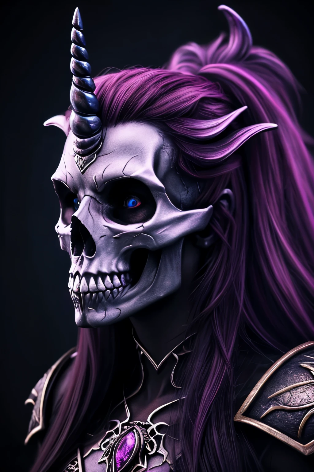 Photorealistic ultra high resolution fantasy style extremely detailed dark art richly colored 3d feminine Unicorn skull