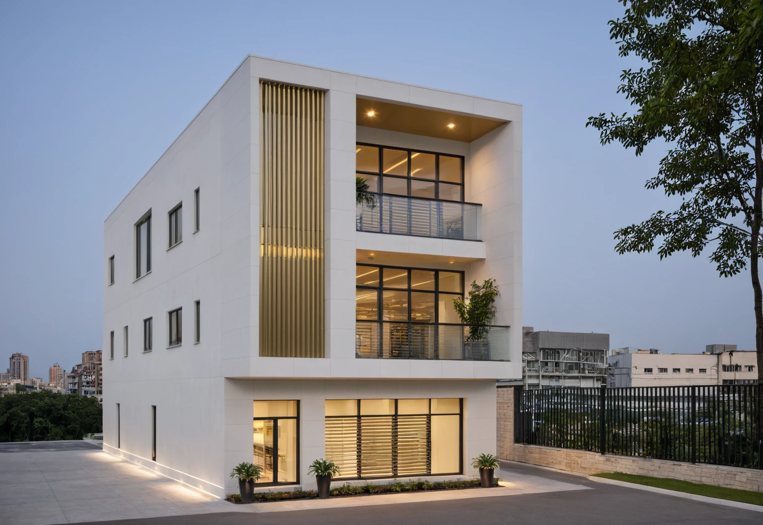 Raw photo,Masterpiece, high quality, best quality, authentic, super detail, modern style, aiaigroup,office building, decorative bars, decorative louvers, sun louvers, aluminum wall cladding, gold aluminum, glass railing,outdoors, tree, building, scenery, city, road, real world location, treet, window, balcony, glass railing, on the street, minimalist line, daylight, realistic