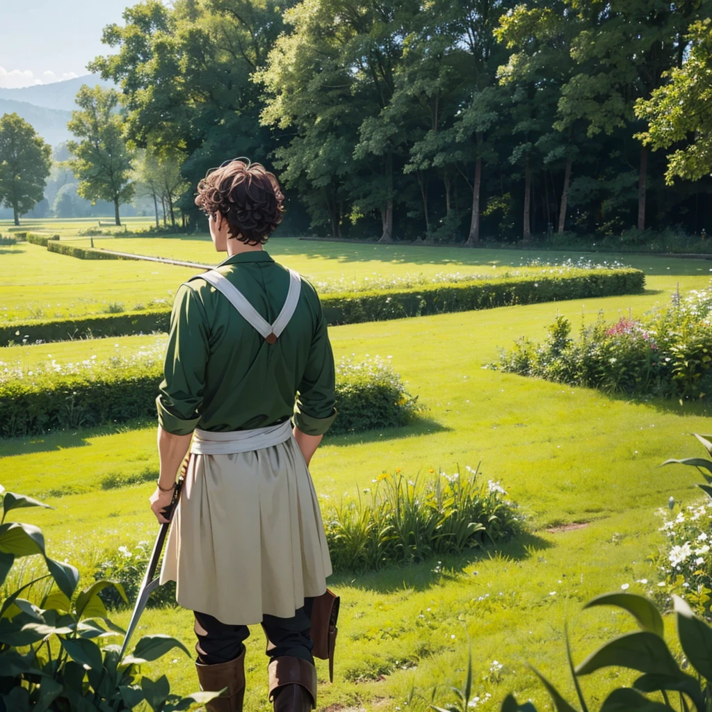 In a green meadow stands brown curly hair boy holding dagger with white medieval farmer outfit
BREAK
Behind him, a green forest stretches out and beyond that, ruined kingdom in the distance.