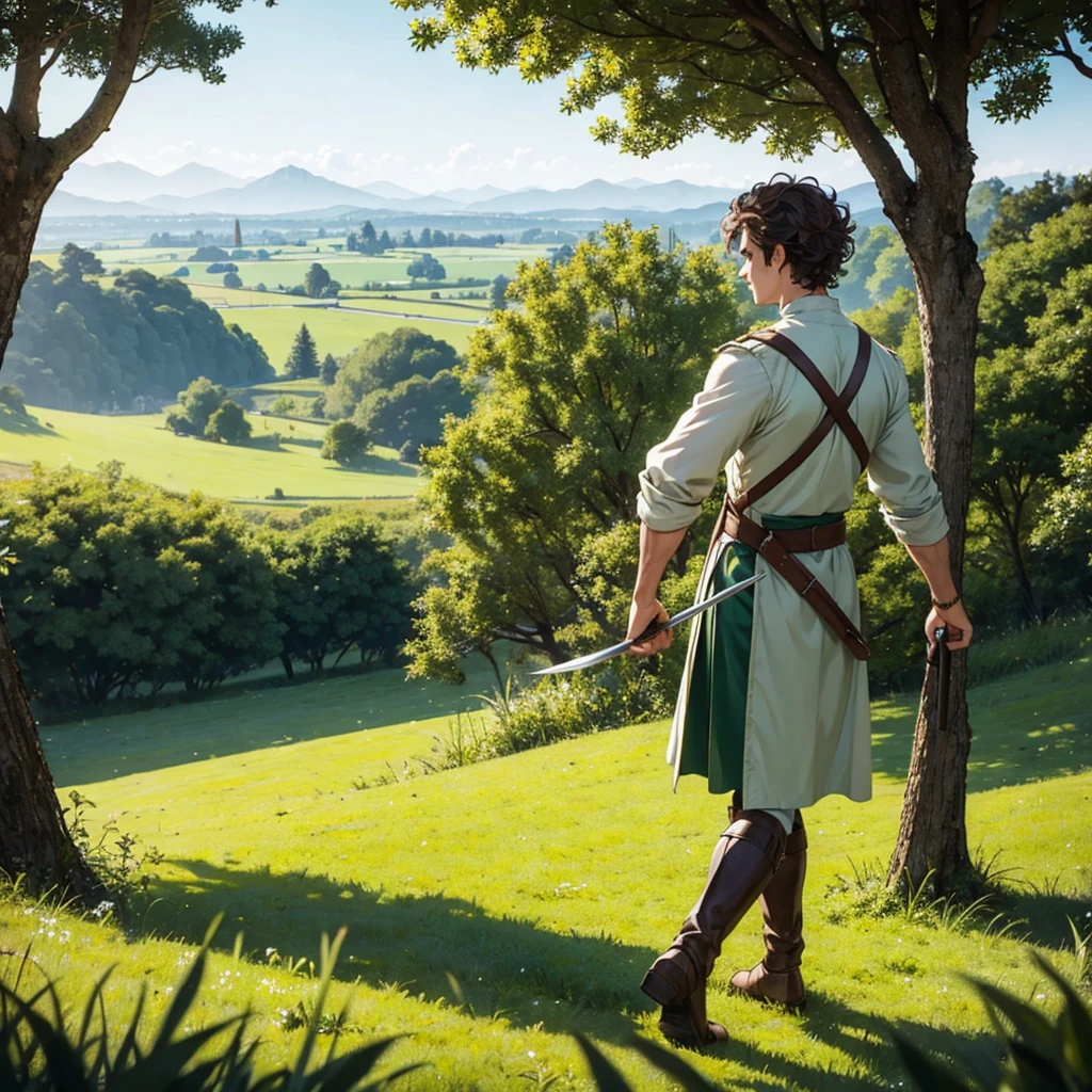 In a green meadow stands brown curly hair boy holding dagger with white medieval farmer outfit
BREAK
Behind him, a green forest stretches out and beyond that, ruined kingdom in the distance.