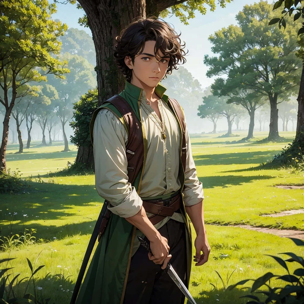 In a green meadow stands brown curly hair boy holding dagger with white medieval farmer outfit
BREAK
Behind him, a green forest stretches out and beyond that, ruined kingdom in the distance.