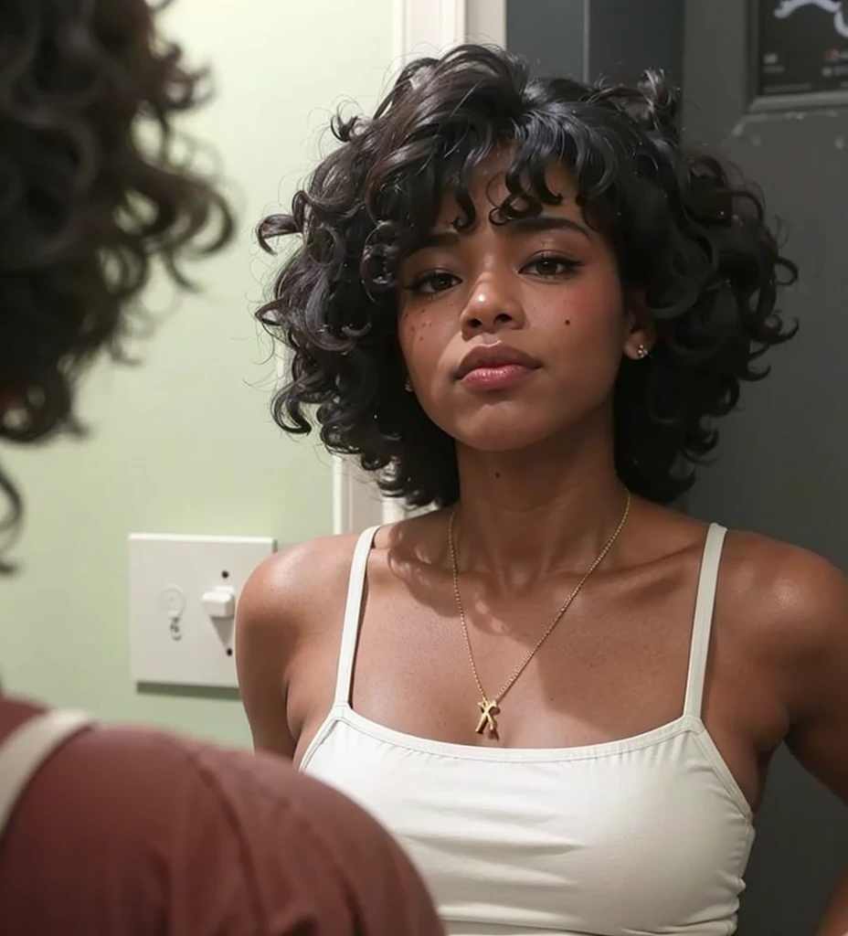 , Cabello Natural, su rostro enmarcado con rizos, Rizado afro, piel morena, Joven negra, moreno, con afro, piel oscura, Foto de una mujer negra, Joven negra, con cabello y piel texturizados, pelo rizado, flequillo rizado, Joven afroamericana, cabello negro rizado, cabello afro 